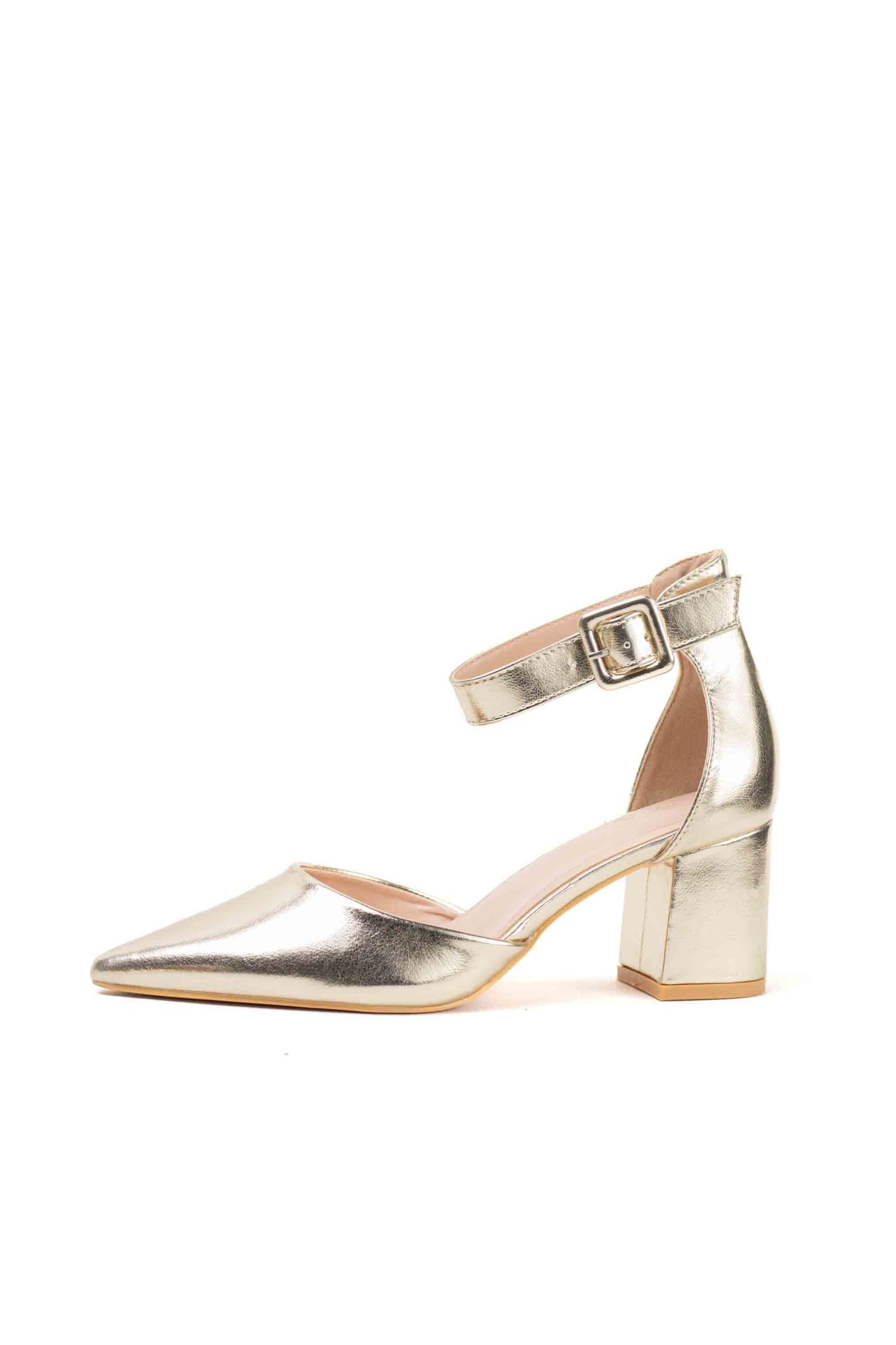 Tacones Dorados con Correa de Tobillo y Elegante Puntera