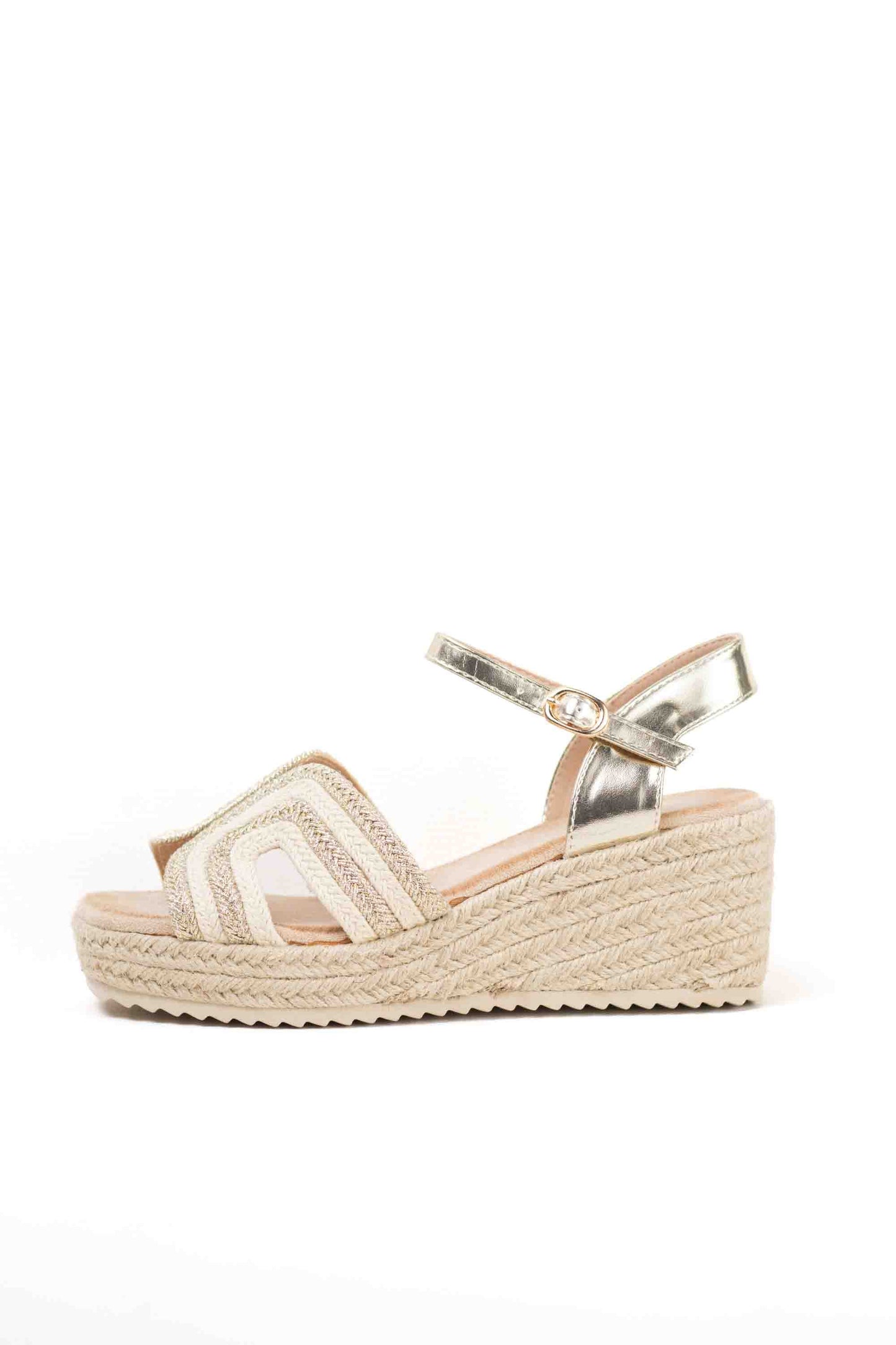 Sandalias doradas cuña de esparto y adorno de strass