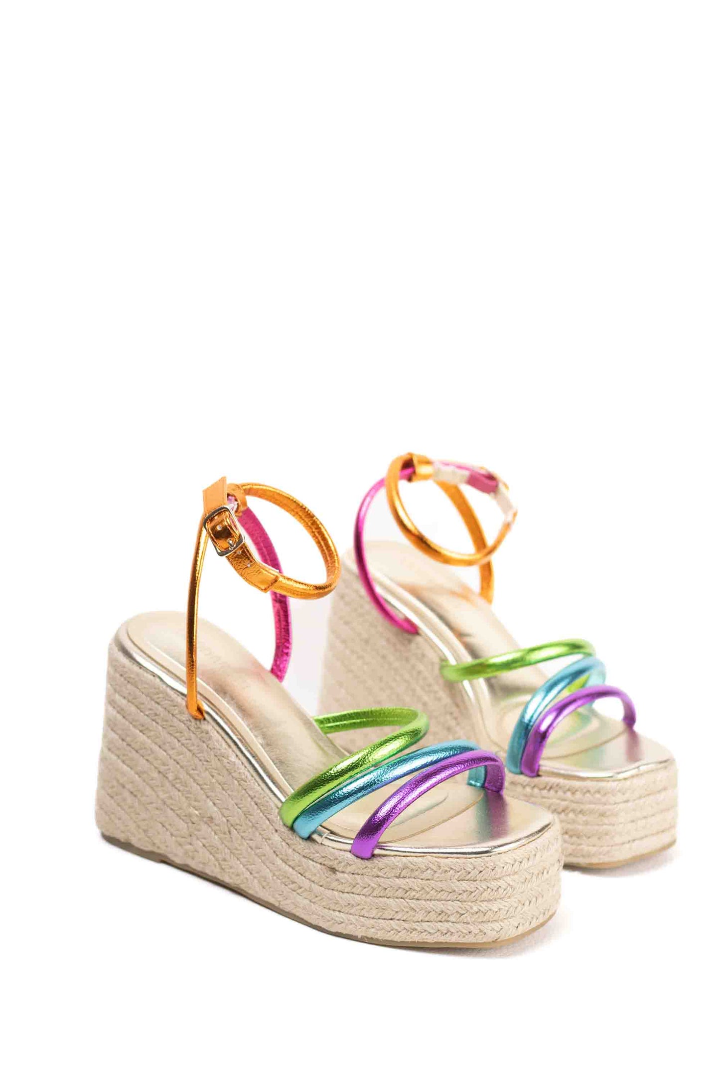 Sandalias cuñas altas de esparto multicolor para mujer con pulsera