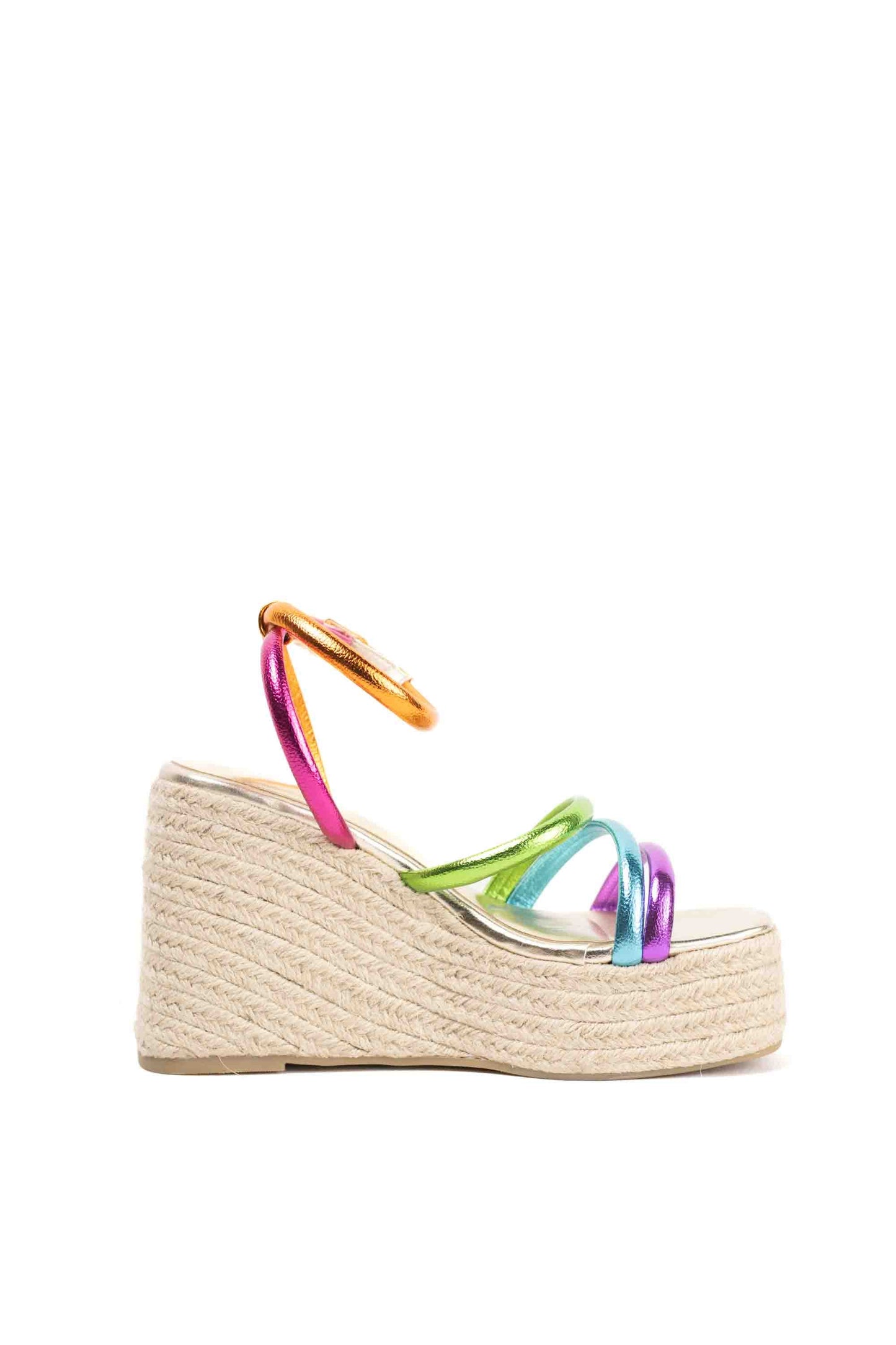 Sandalias cuñas altas de esparto multicolor para mujer con pulsera