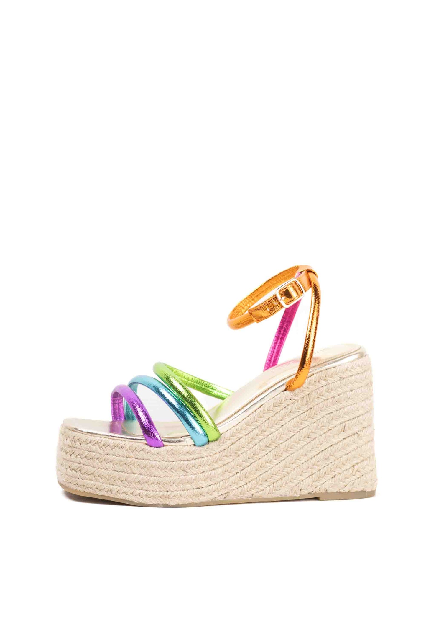 Sandalias cuñas altas de esparto multicolor para mujer con pulsera