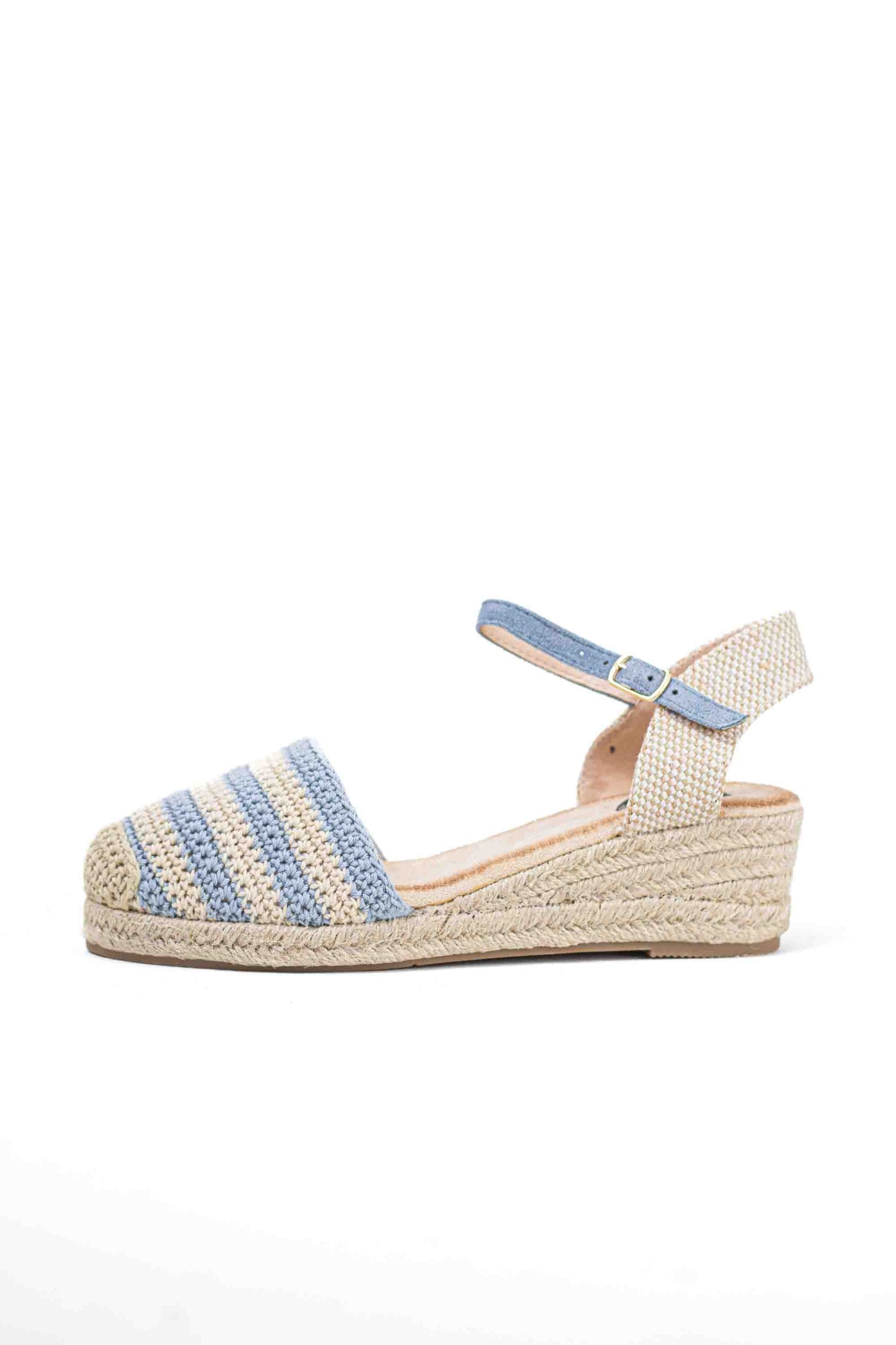Alpargatas cuñas bajas de espartos mujer diseño crochet con rayas