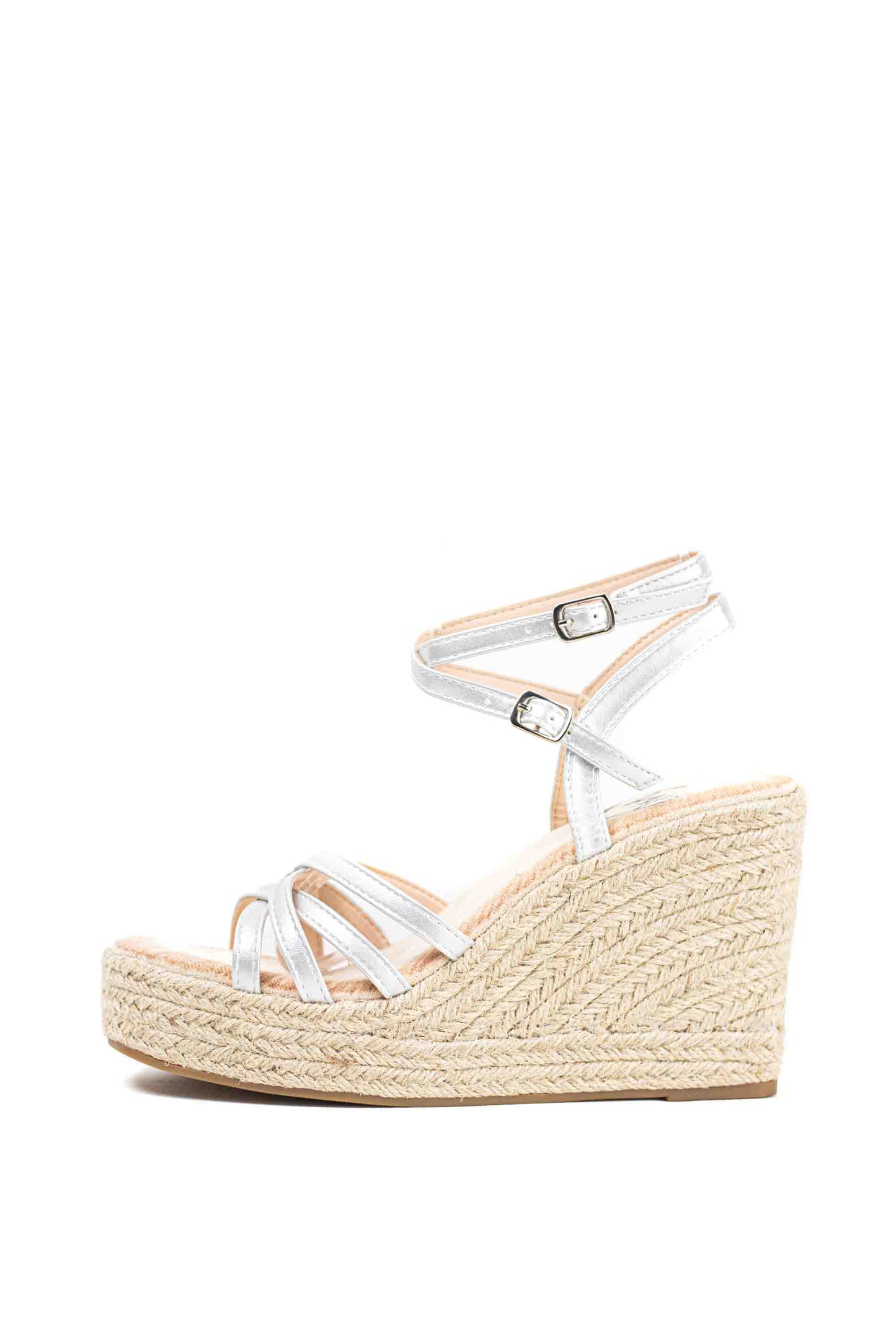 Sandalias doradas cuña alta de esparto con plataforma con tiras cruzadas plantilla acolchada