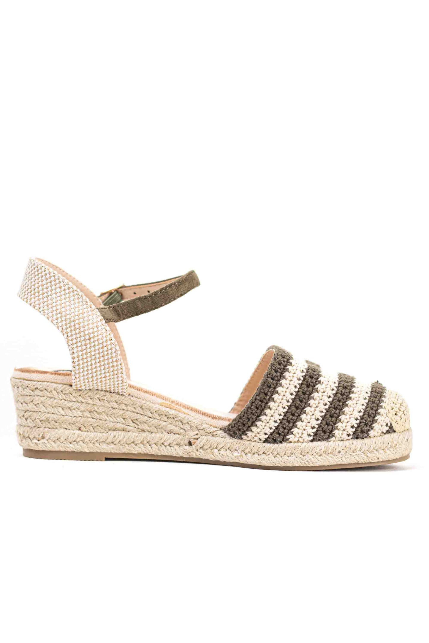 Alpargatas cuñas bajas de espartos mujer diseño crochet con rayas