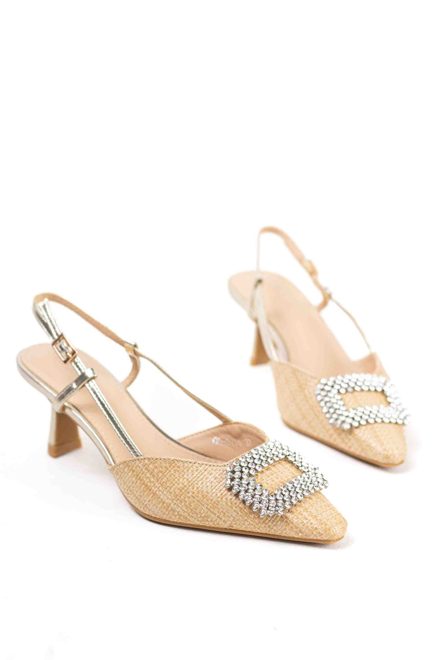 Sandalias doradas mujer de tacón bajo fino y adorno de hebilla