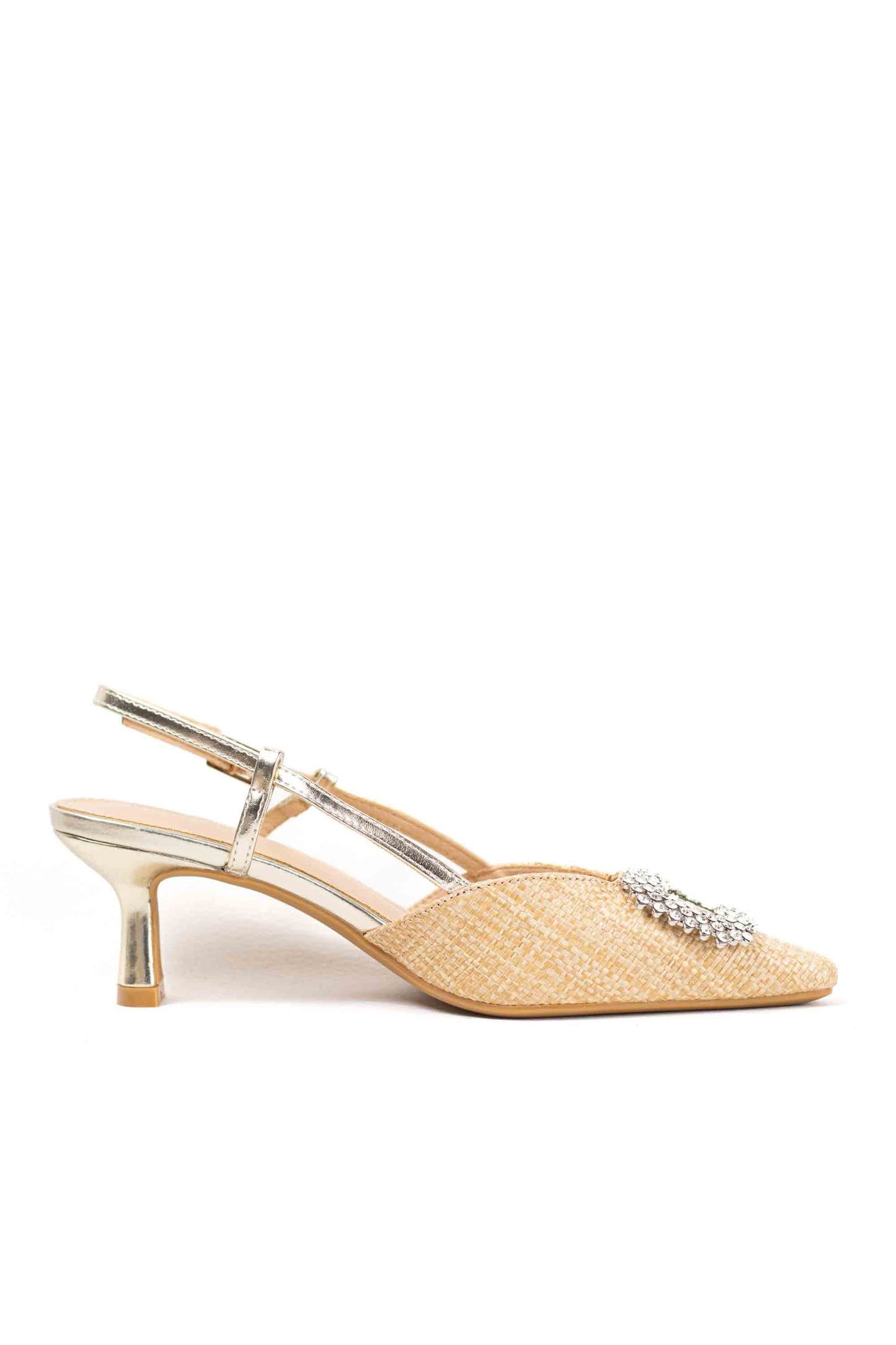 Sandalias doradas mujer de tacón bajo fino y adorno de hebilla