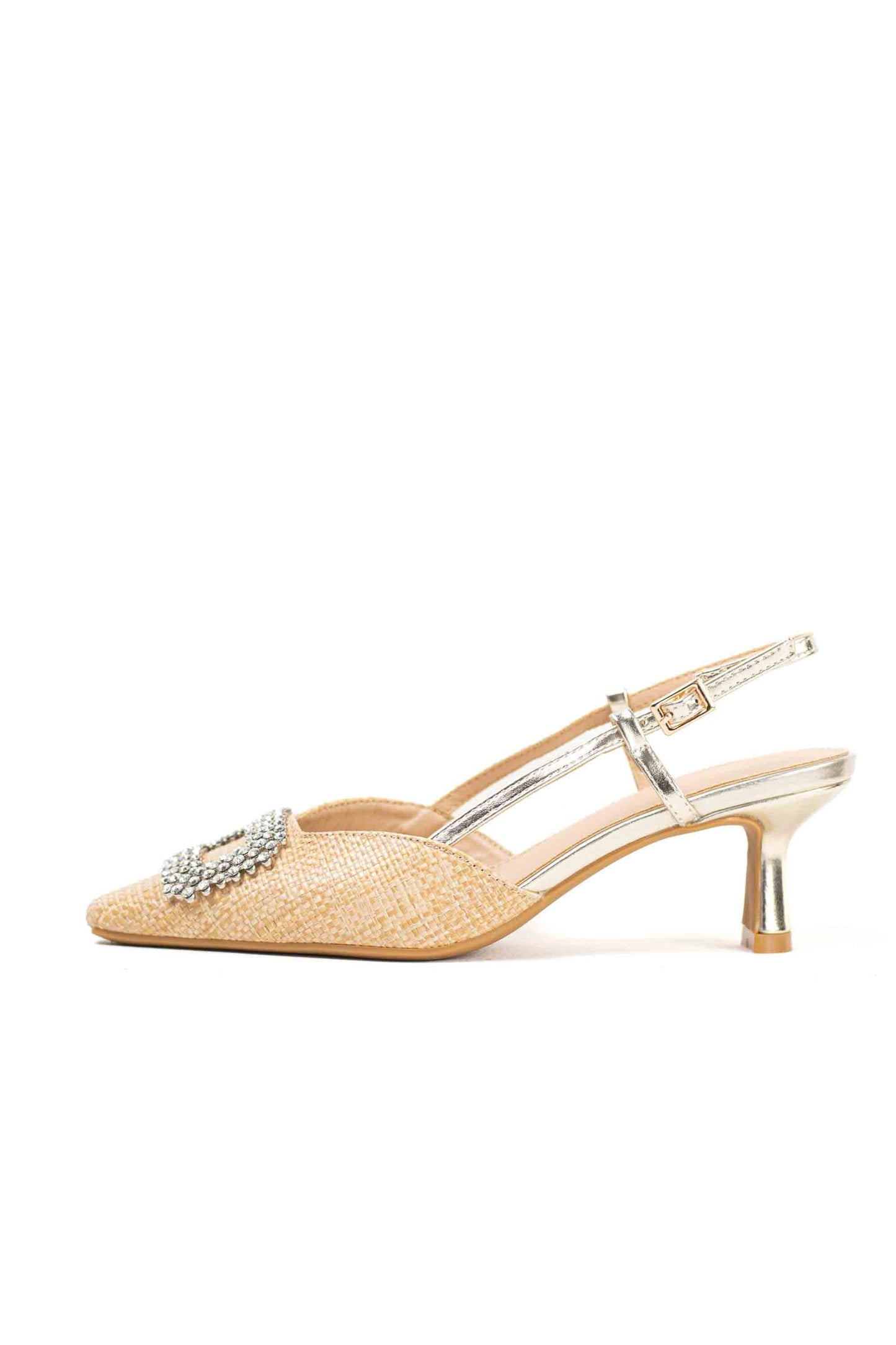 Sandalias doradas mujer de tacón bajo fino y adorno de hebilla