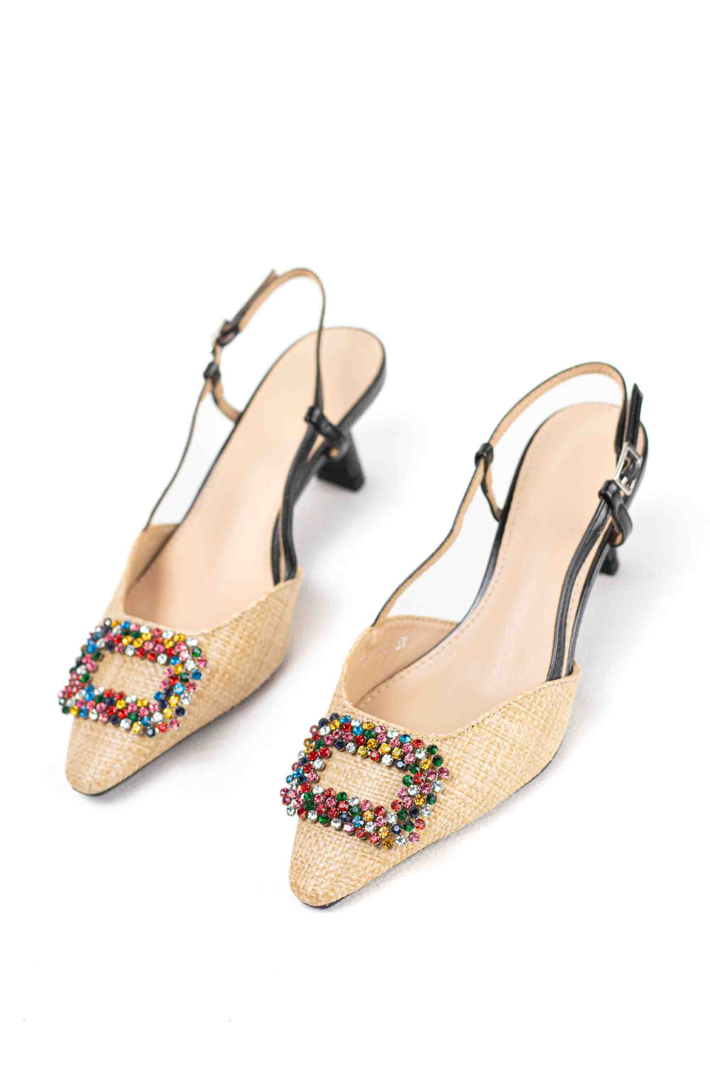 Sandalias doradas mujer de tacón bajo fino y adorno de hebilla