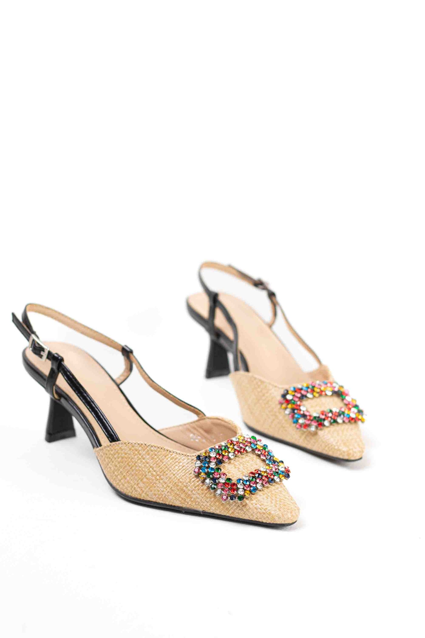 Sandalias doradas mujer de tacón bajo fino y adorno de hebilla