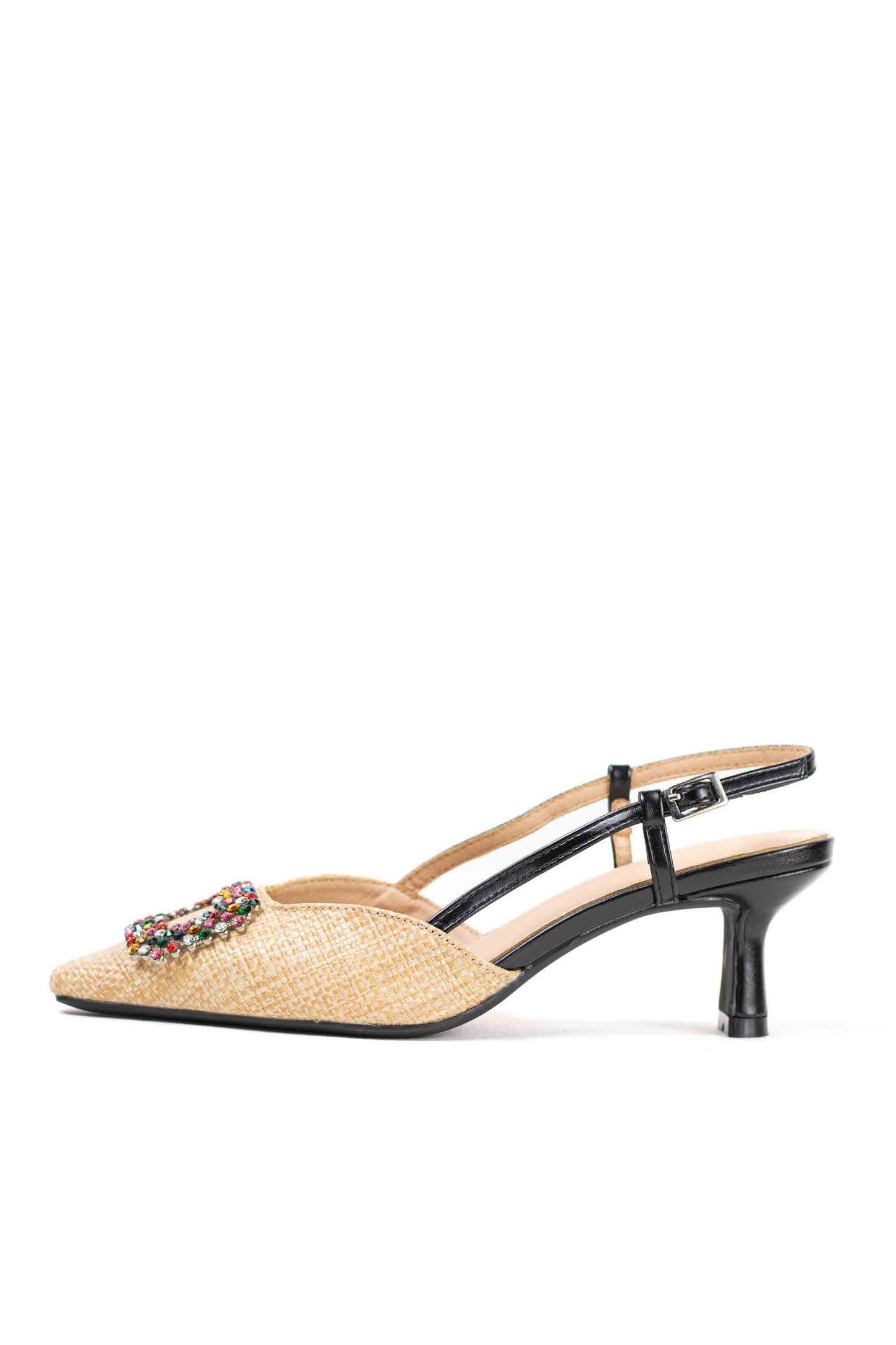 Sandalias doradas mujer de tacón bajo fino y adorno de hebilla