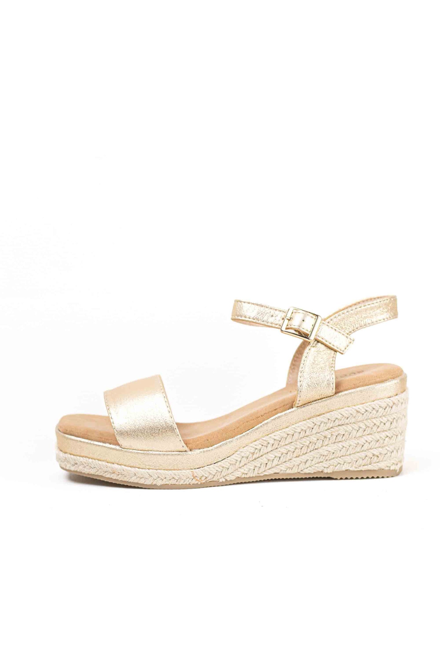 Sandalias doradas mujer cuña mediana de espartos con plataforma