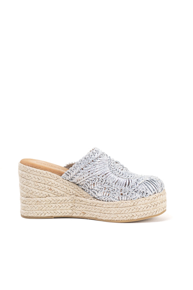 Sandalias zueco mujer con cuña alta de espartos y plataforma con diseño crochet