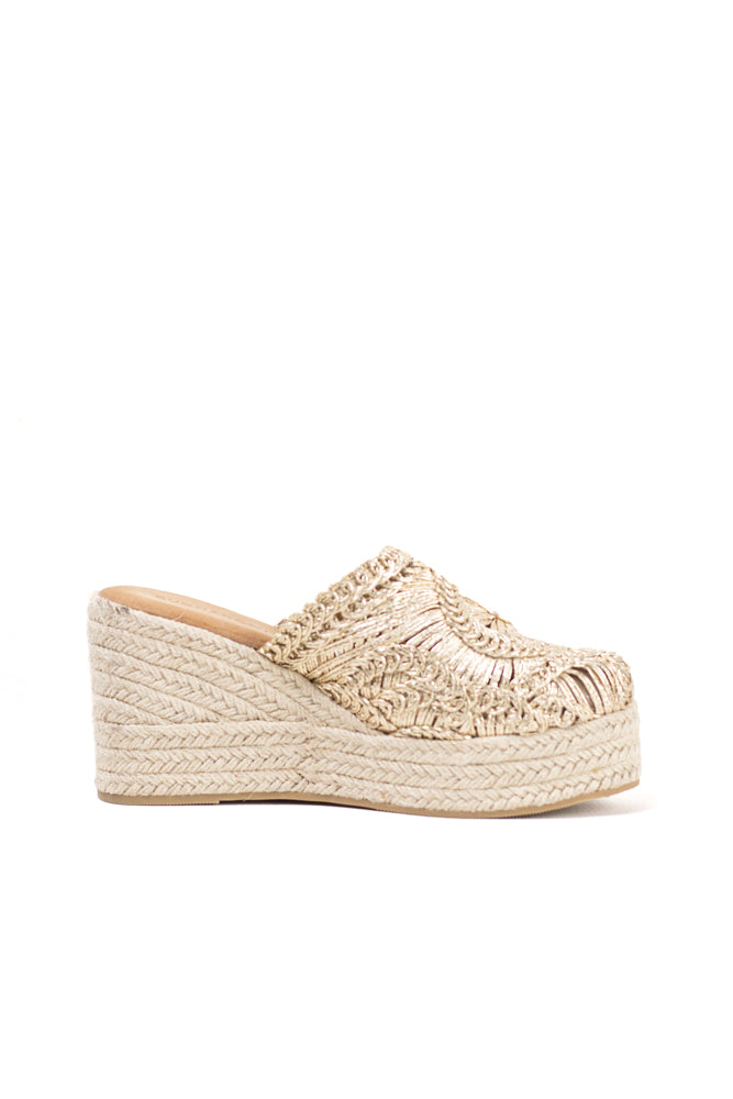 Sandalias zueco mujer con cuña alta de espartos y plataforma con diseño crochet