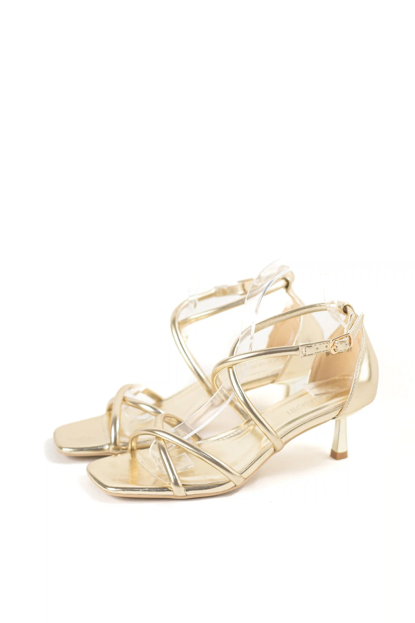 sandalia de tacon medio con tiras suela antideslizante estilo elegante y cierre de hebilla sandalias color Doradas talla 36