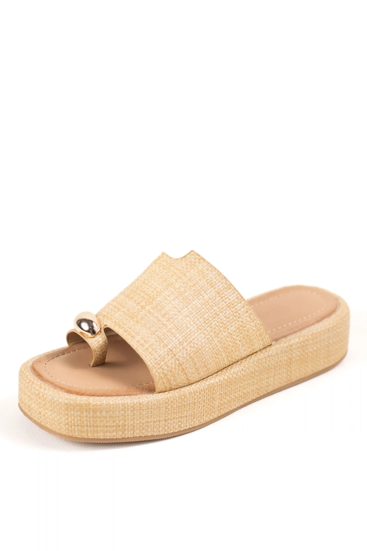 sandalias platafotma con suela acolchada estilo minimalista y detalle metalico color Beige talla 38