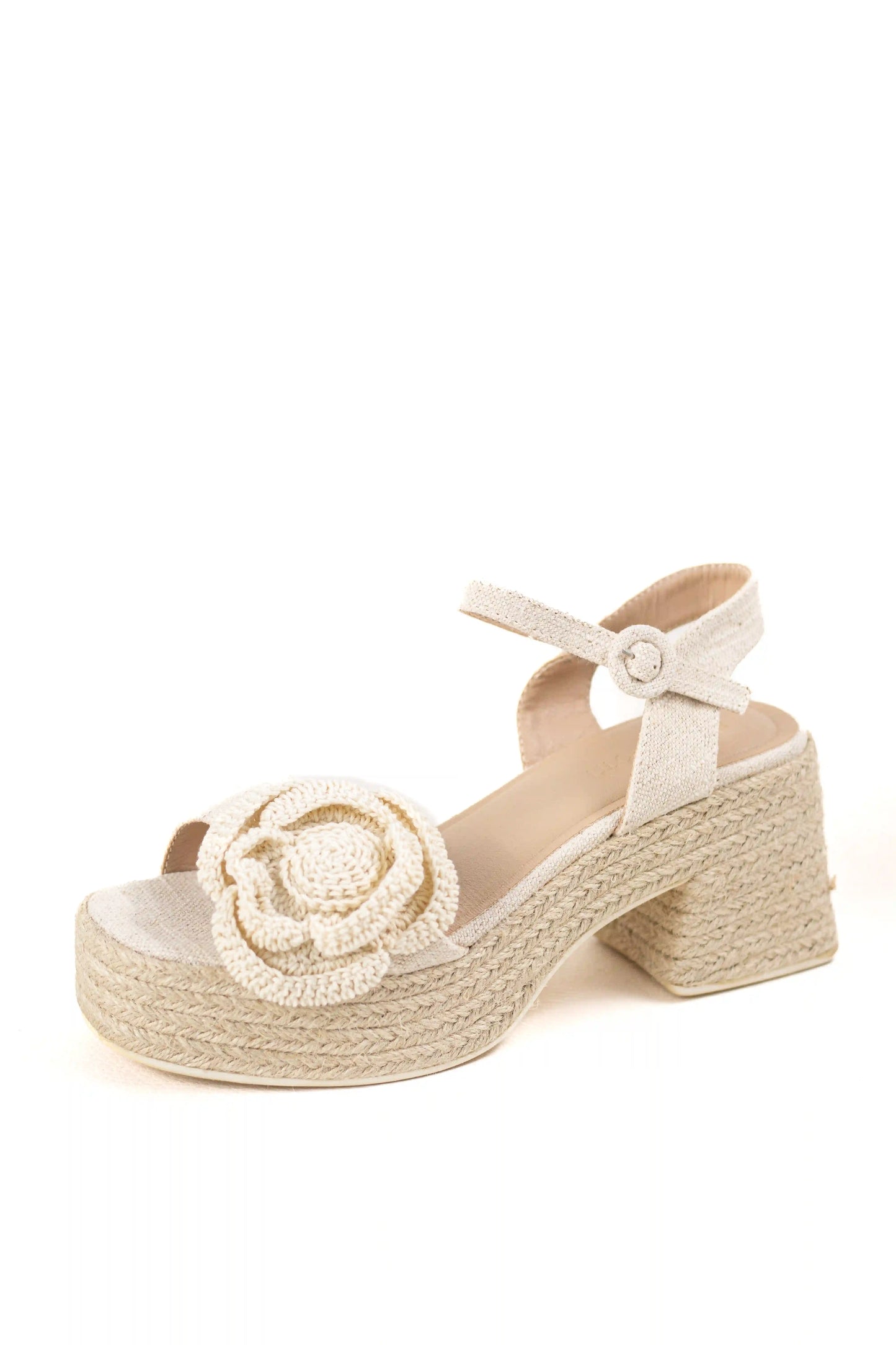 sandalias de tacon con plataforma de yute flor tejida y cierre ajustable color Beige talla 41