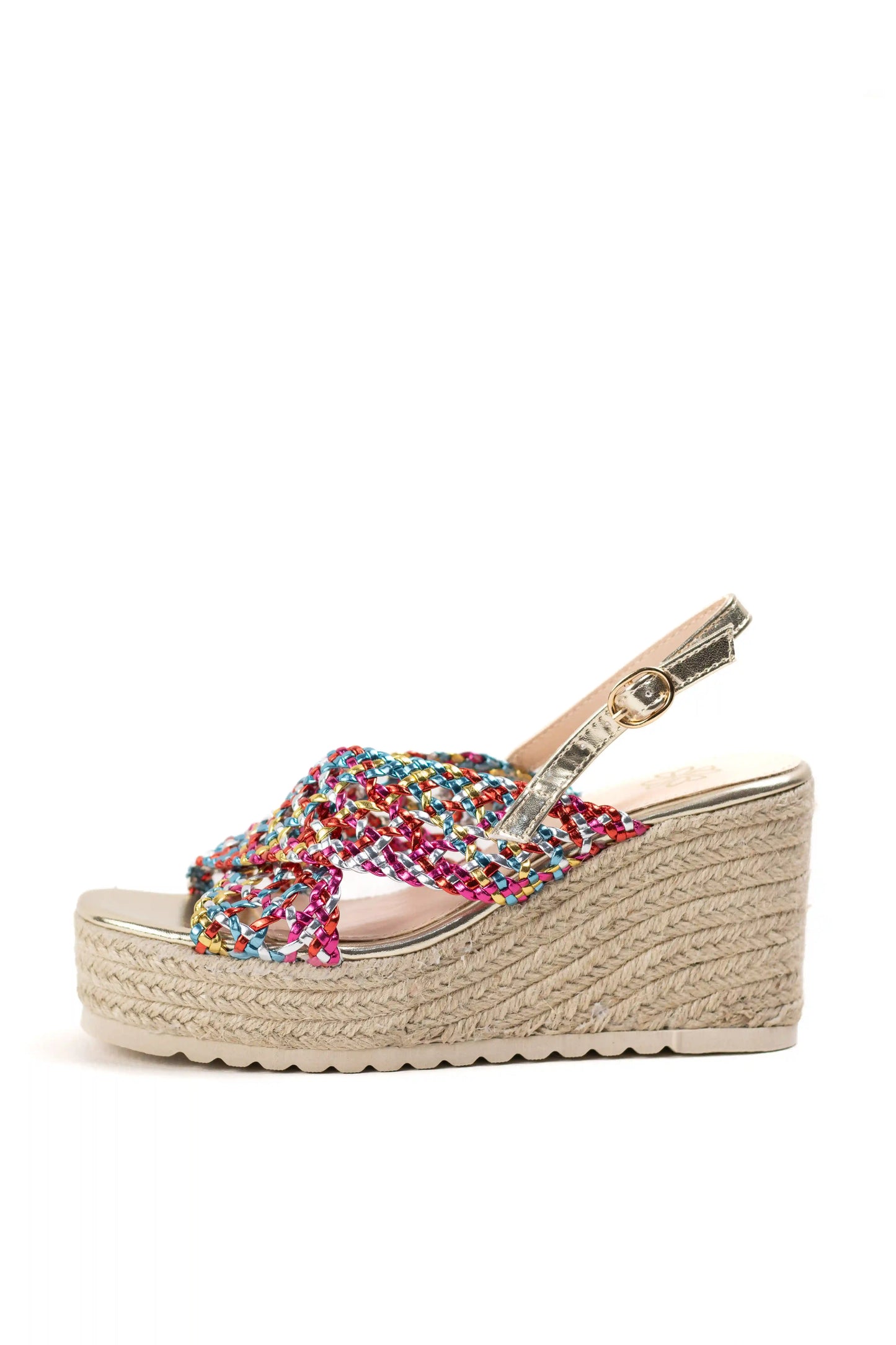 sandalias cunas espartos plataforma tiras trenzadas acabado metalizado color Camo talla 38