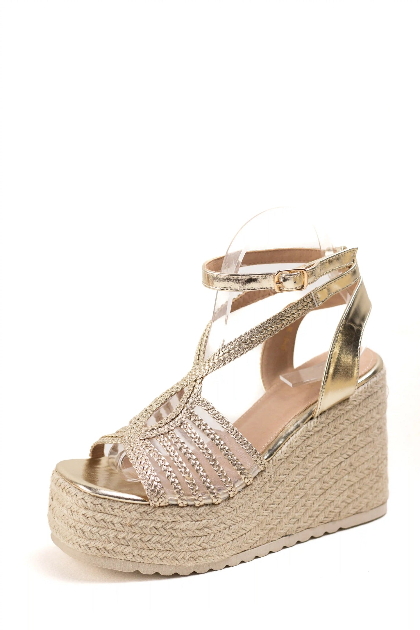 sandalias de cunas de esparto con plataforma y pulsera ajustable color Doradas talla 40