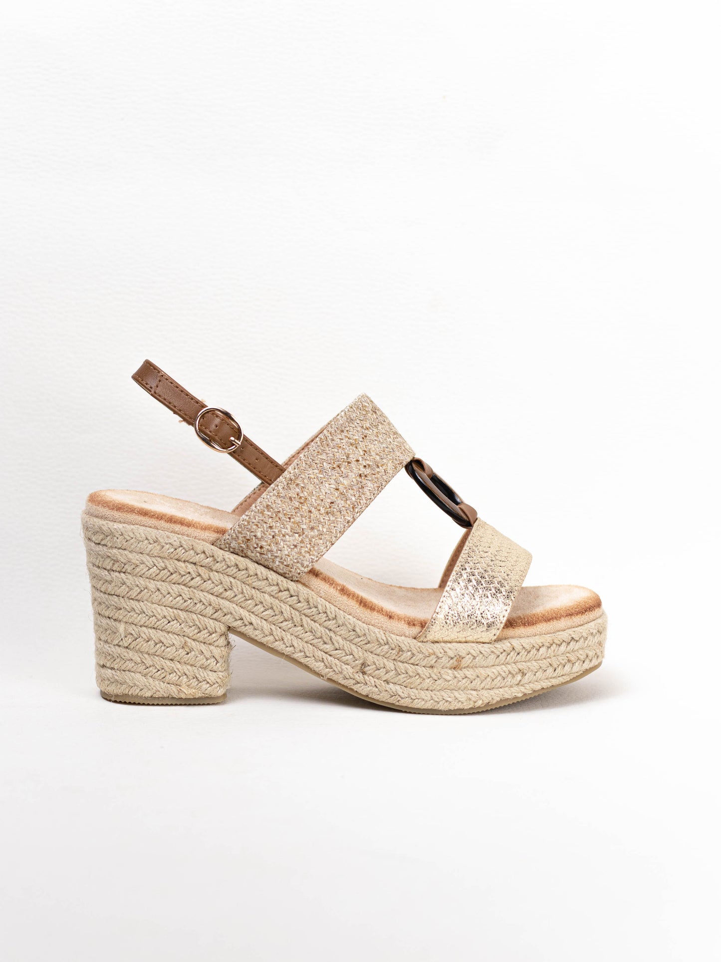 sandalias tacon alto con plataforma de espartos con plantilla gel Dorado 40