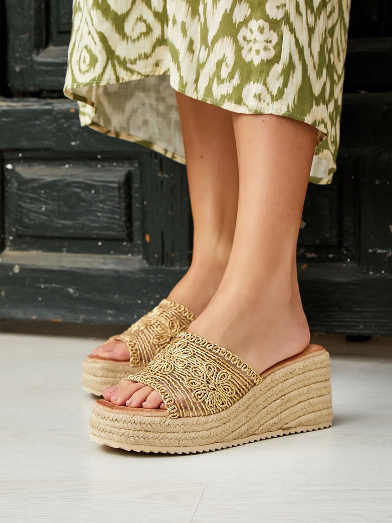 sandalias cunas plataforma yute diseno crochet Dorado 36