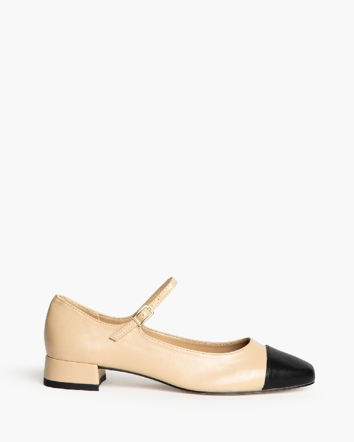 Bailarinas tipo Mary jane mujer nude con punta negra y pulsera ajustable Corina