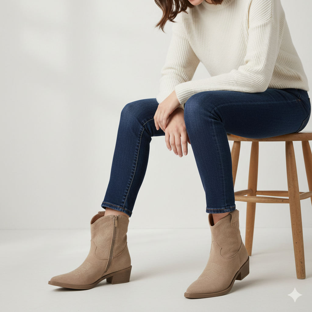 botines cowboy de ante con bordados y tacon cubano Khaki 37