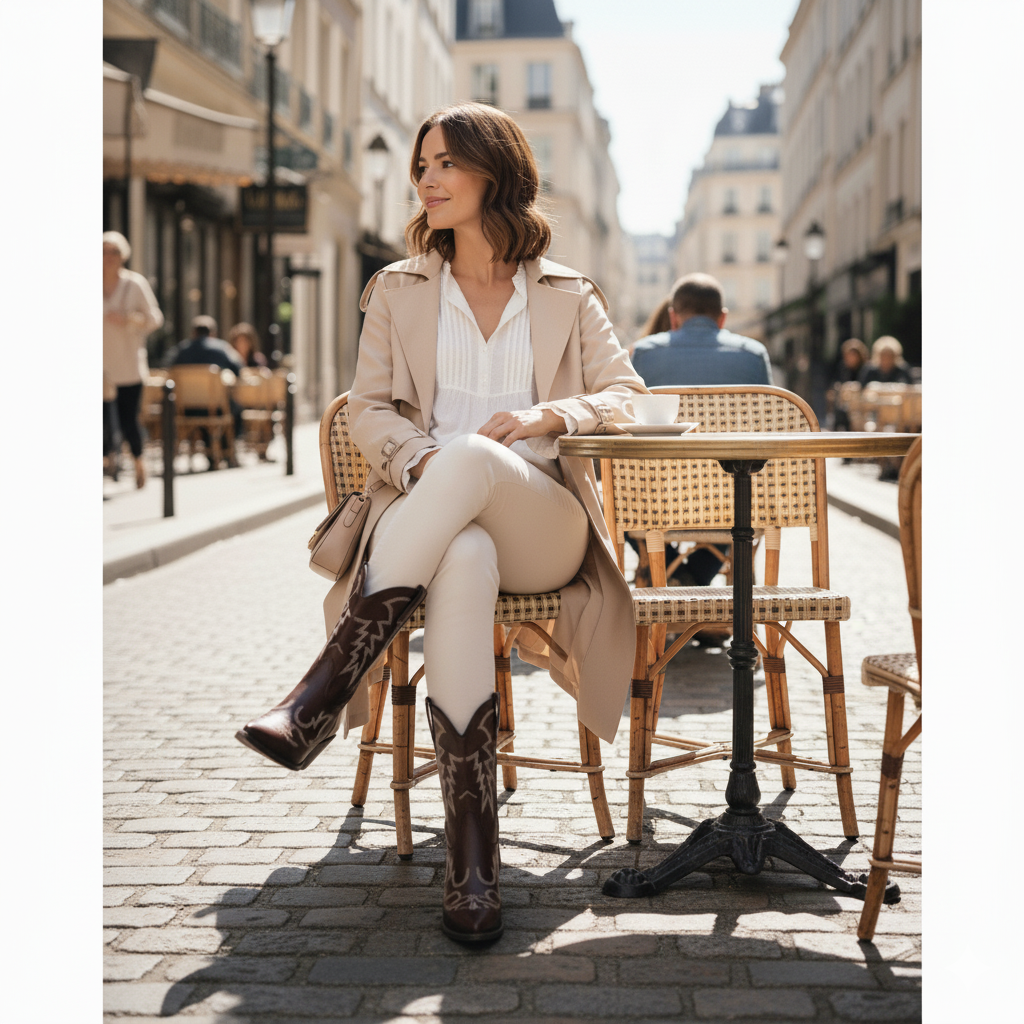 Botines Cowboy Marrón con Bordados en Contraste y Tacón Alto