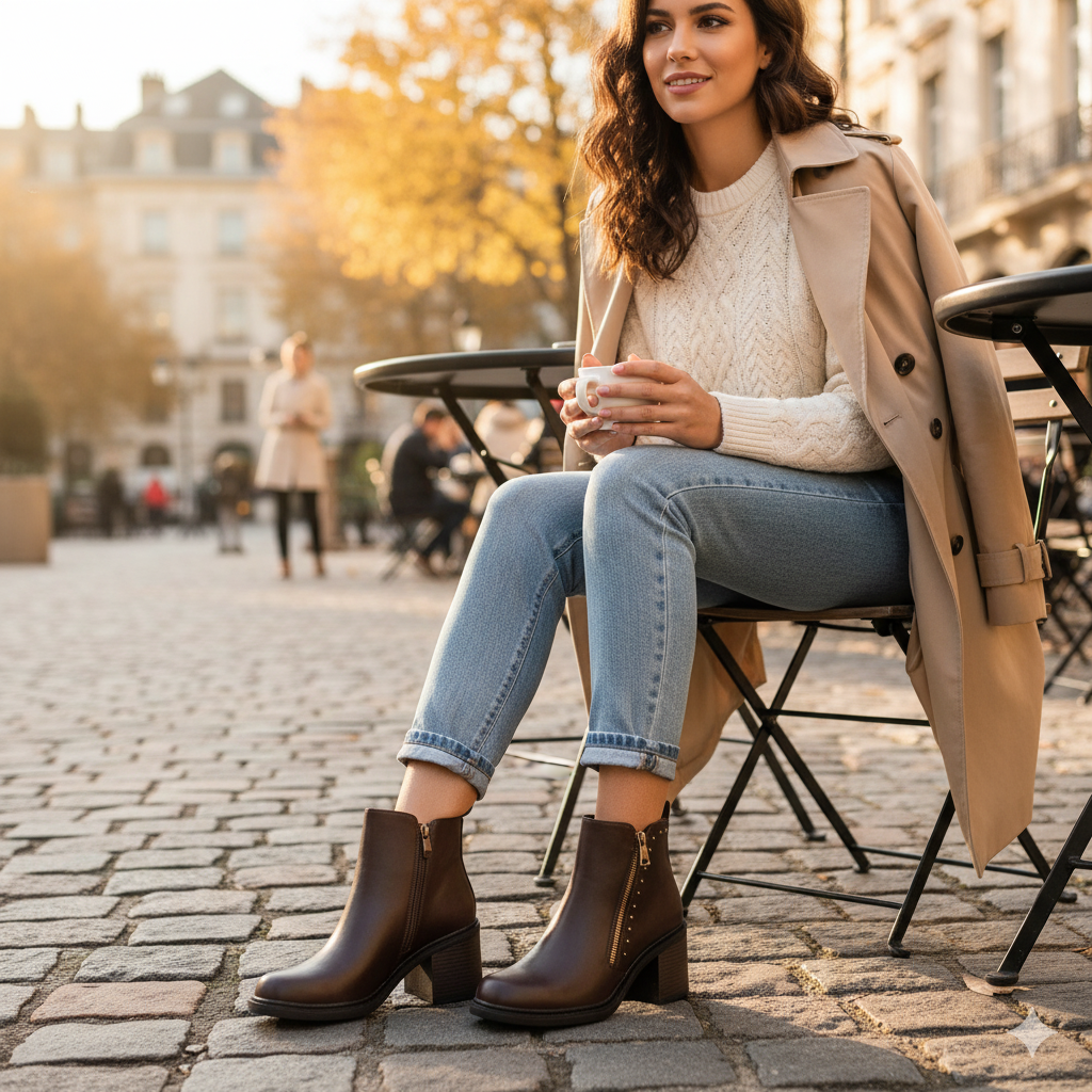 botines de tacon de bloque con cremallera y remaches metalicos Marrón 37
