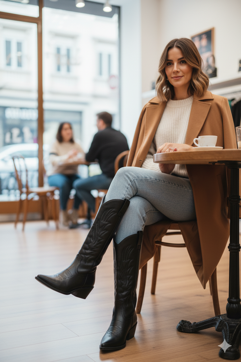 botas cowboy de ante con cana media cremallera y tacon efecto madera Negro 37