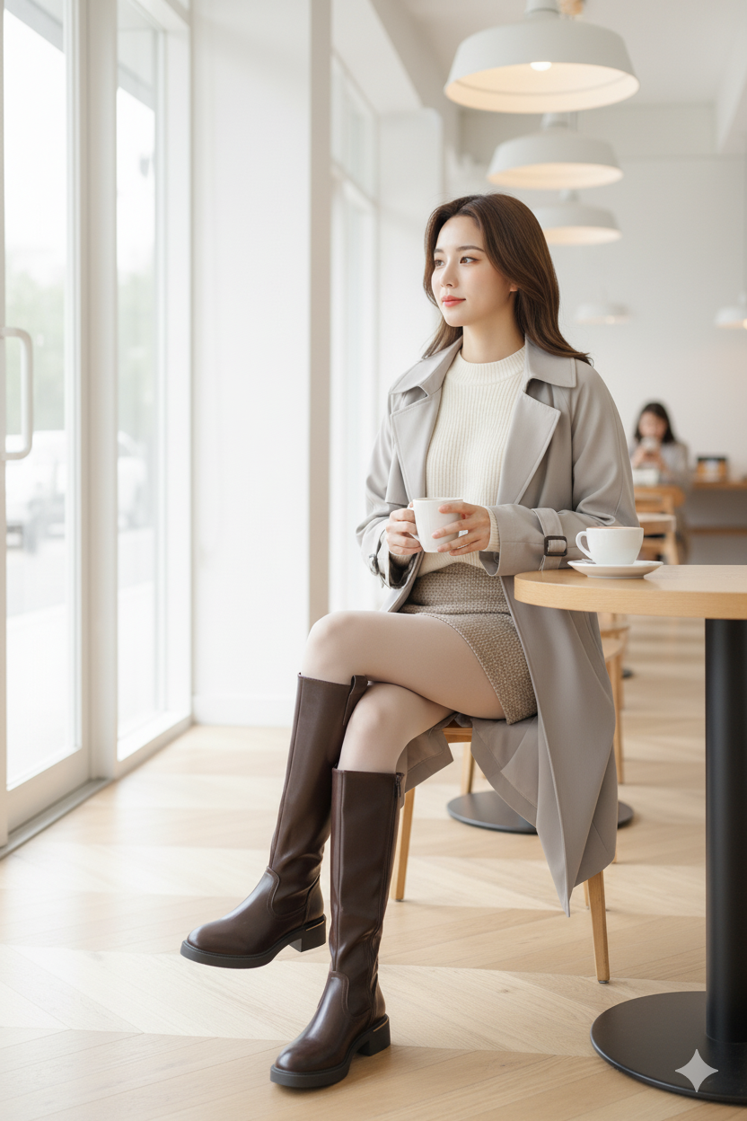 bota alta marron oscuro de piel sintetica con suela track y tacon bajo Marrón 37