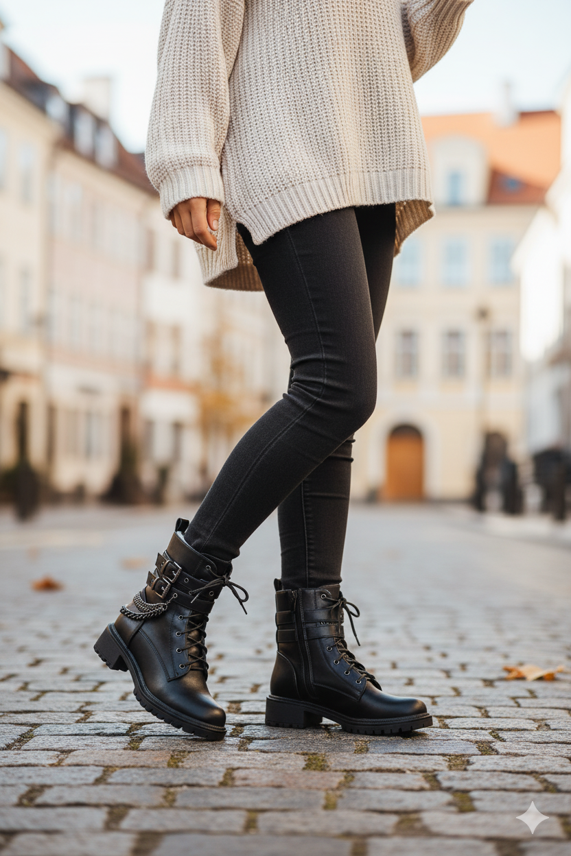 Botines Estilo Militar con Cordones y Hebillas Metálicas