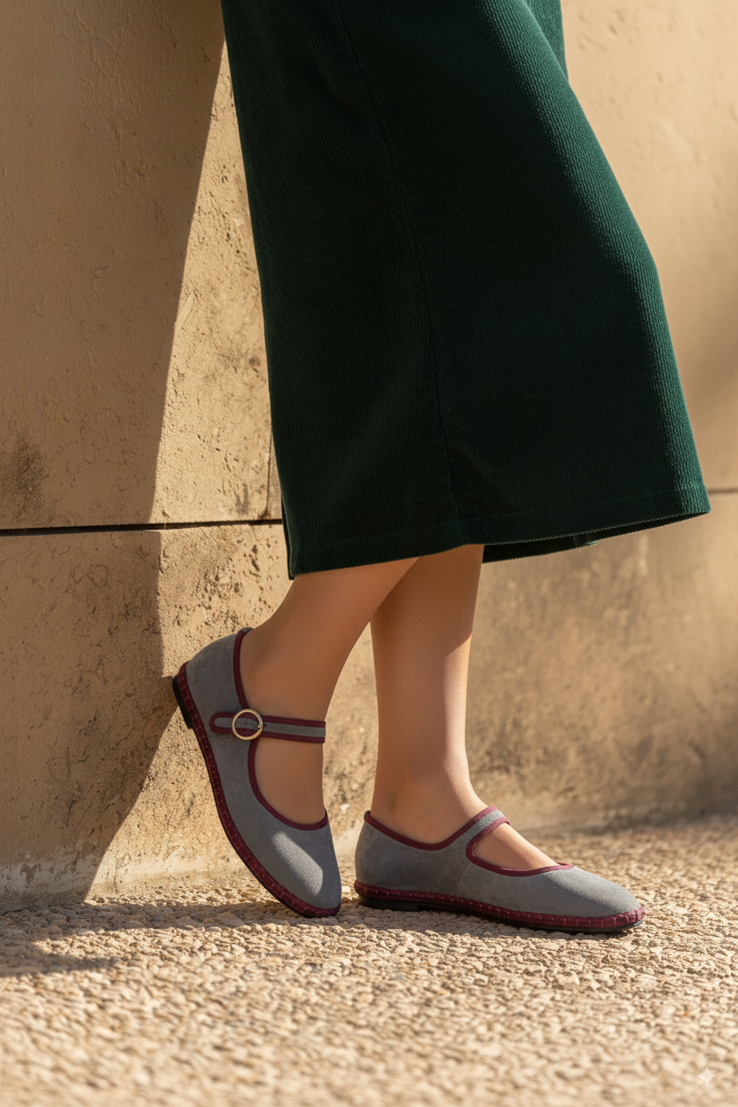 Bailarinas de Ante con Tira Mary Jane y Ribete de Contraste