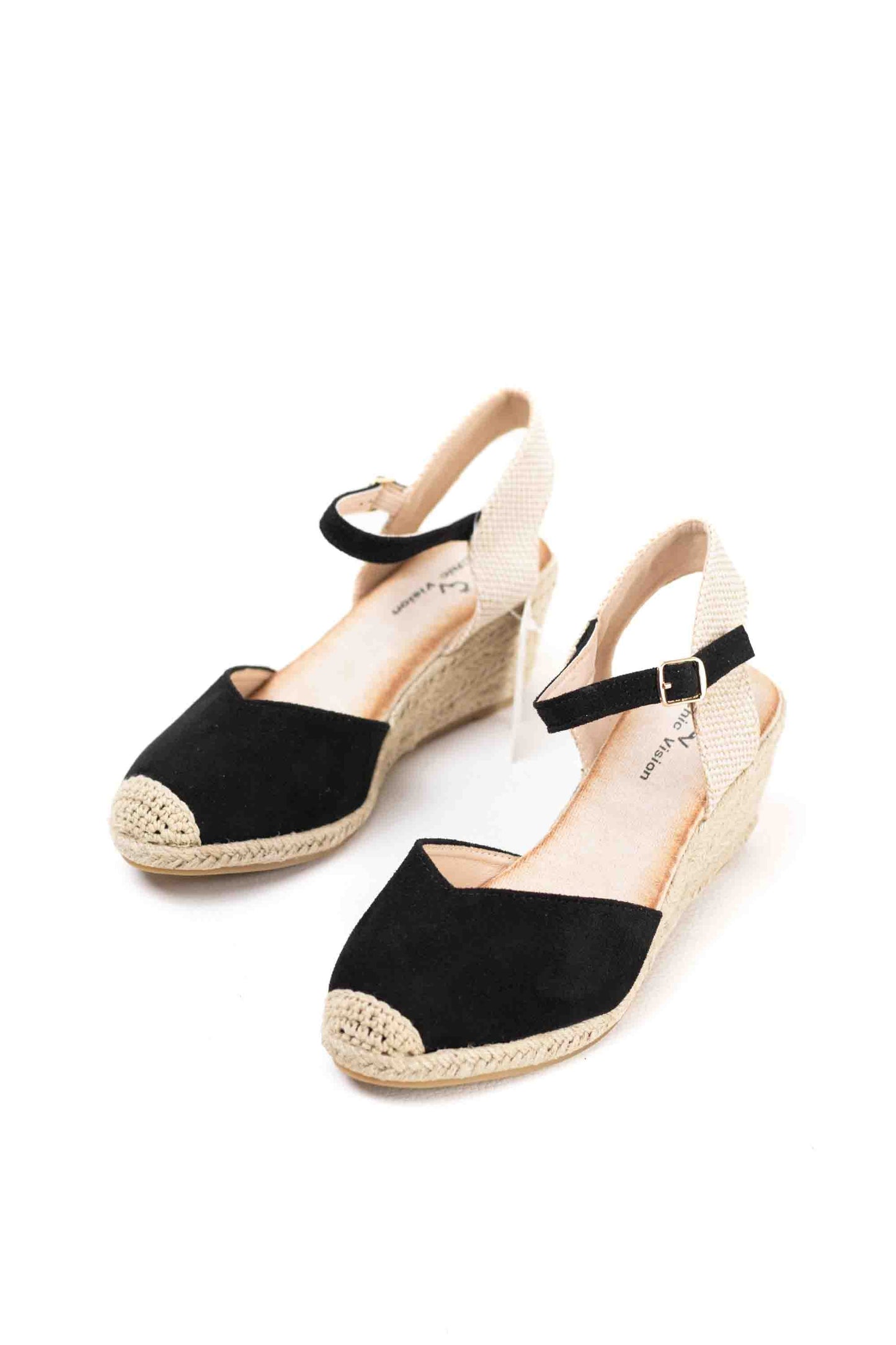 Cuñas de Esparto Elegantes en Negro y Beige con Hebilla