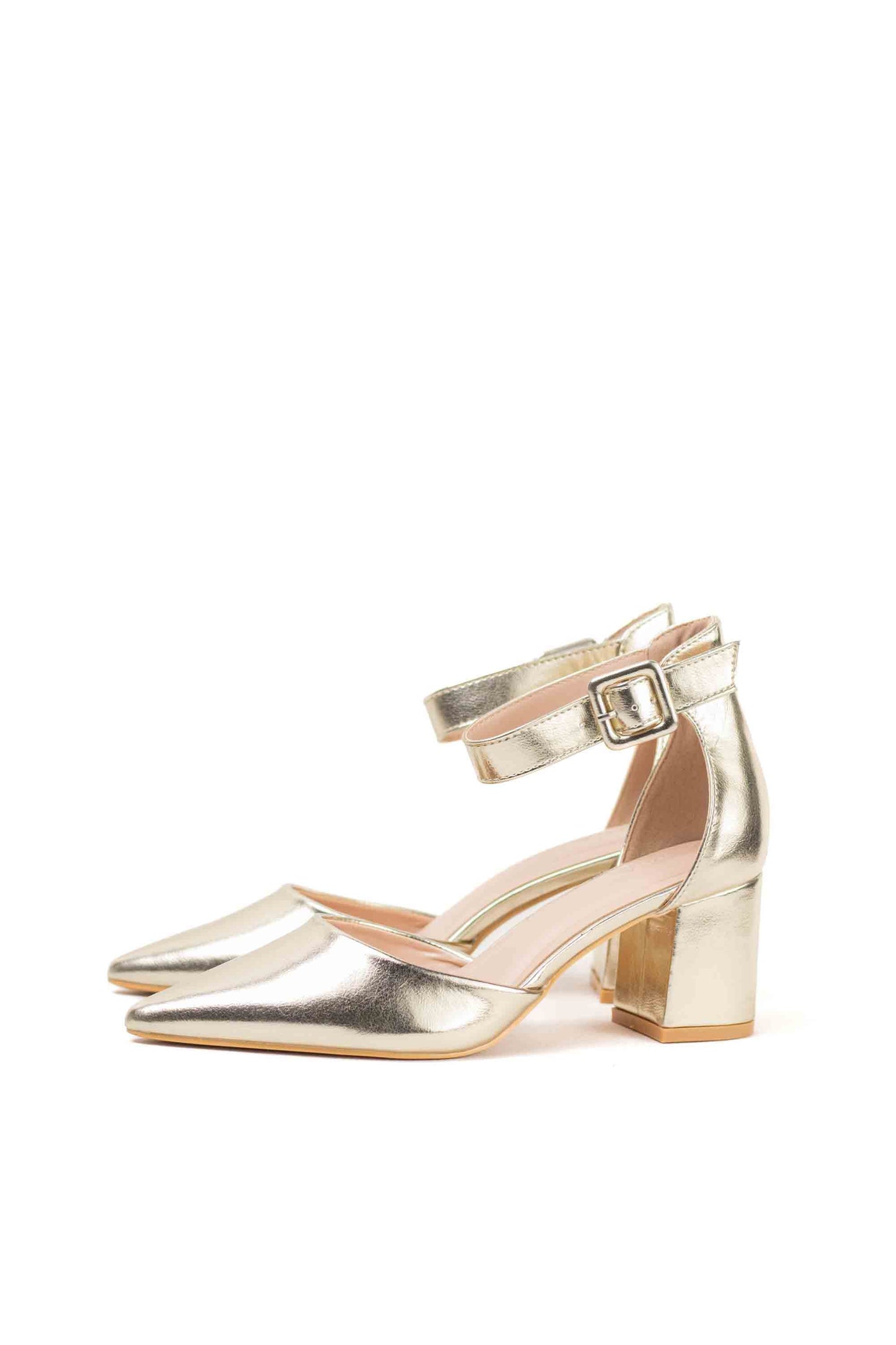 Tacones Dorados con Correa de Tobillo y Elegante Puntera