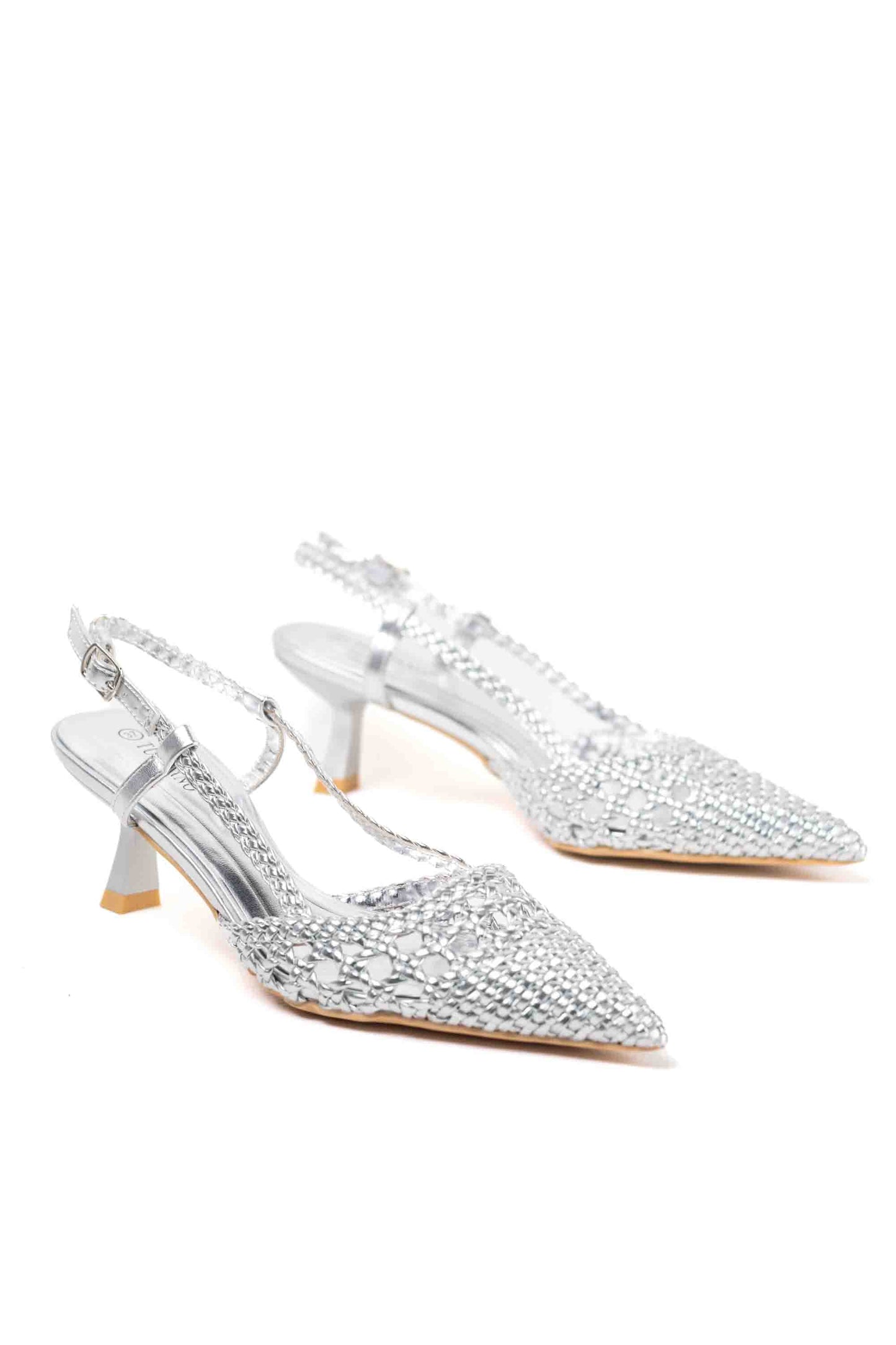 sandalias doradas de puntera puntiaguda con strass tacon chico Plateado 36