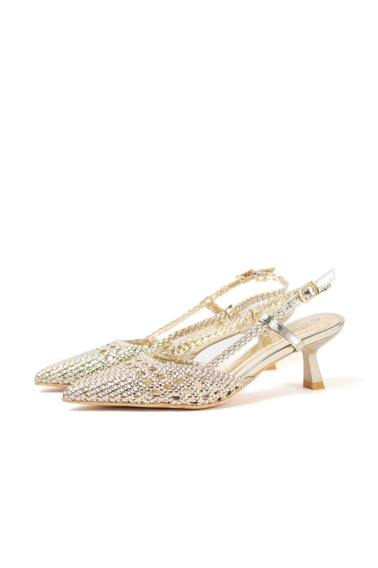 sandalias doradas de puntera puntiaguda con strass tacon chico Dorado 36