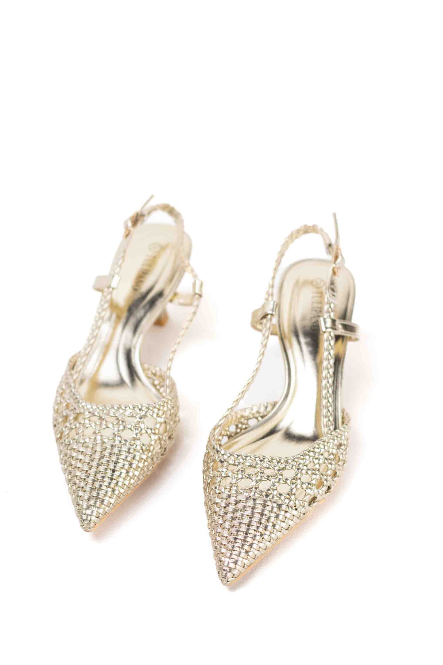 sandalias doradas de puntera puntiaguda con strass tacon chico Dorado 37