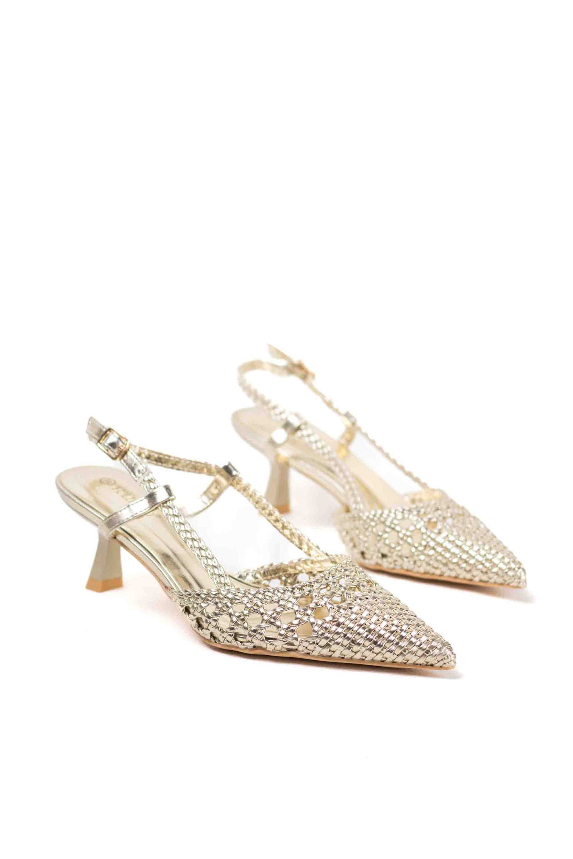 sandalias doradas de puntera puntiaguda con strass tacon chico Dorado 38