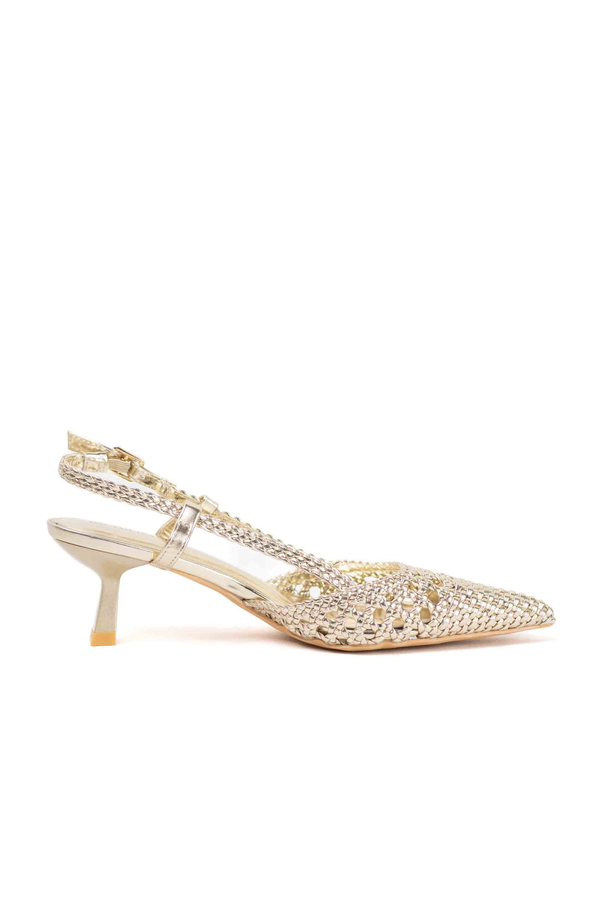 sandalias doradas de puntera puntiaguda con strass tacon chico Dorado 39