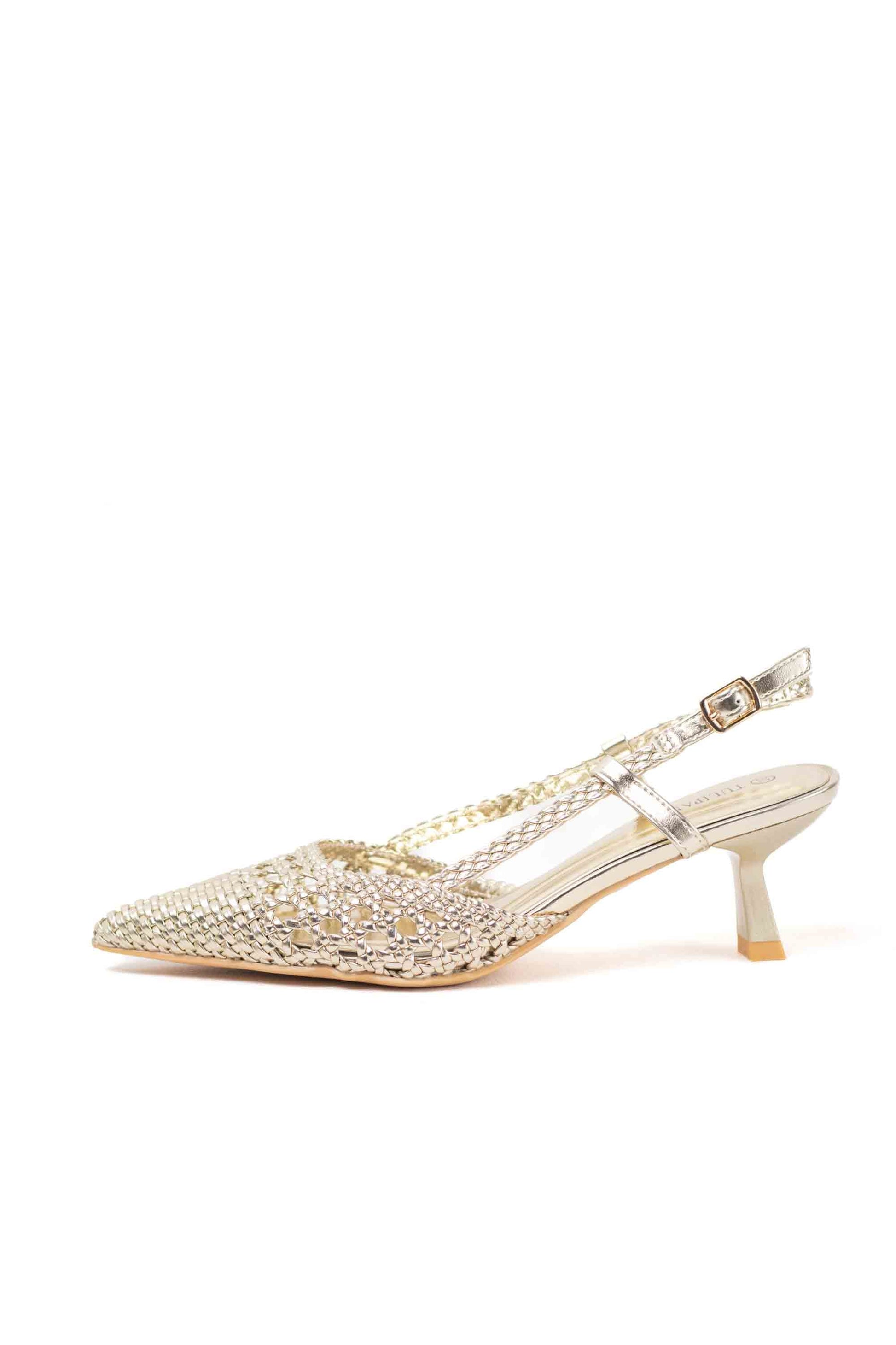 sandalias doradas de puntera puntiaguda con strass tacon chico Dorado 40