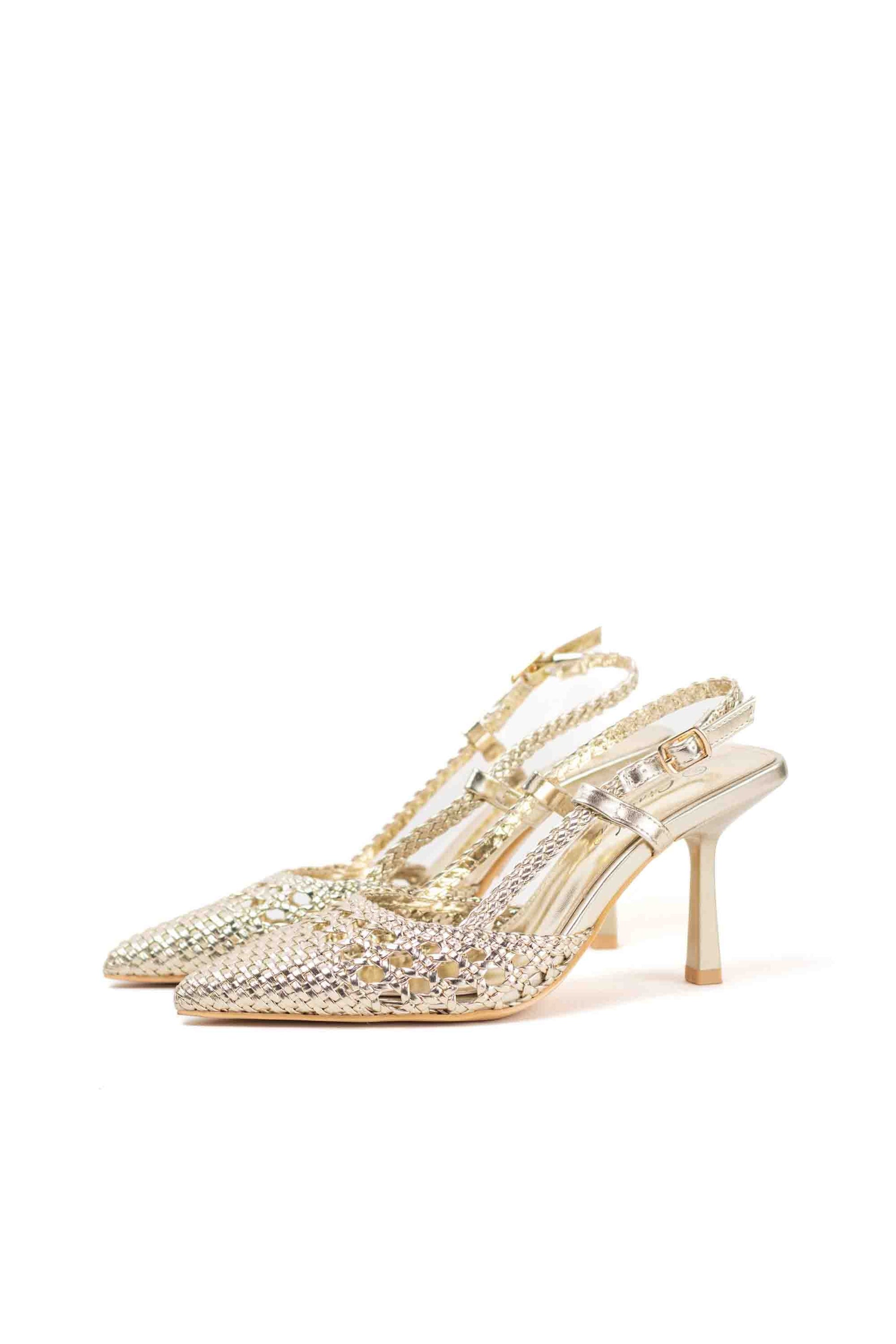 sandalias doradas con tacon alto fino diseno trenzado Dorado 36