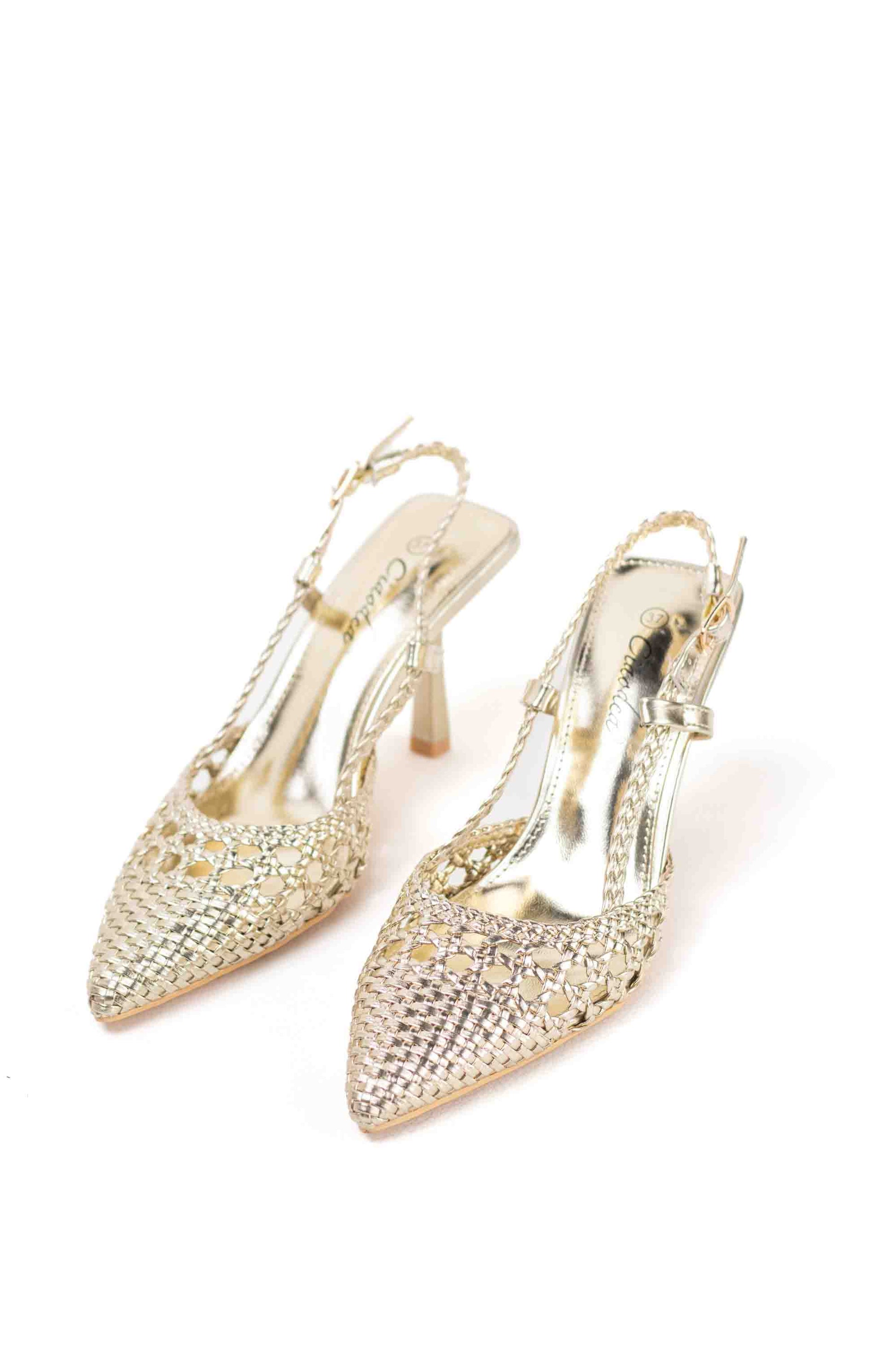 sandalias doradas con tacon alto fino diseno trenzado Dorado 37