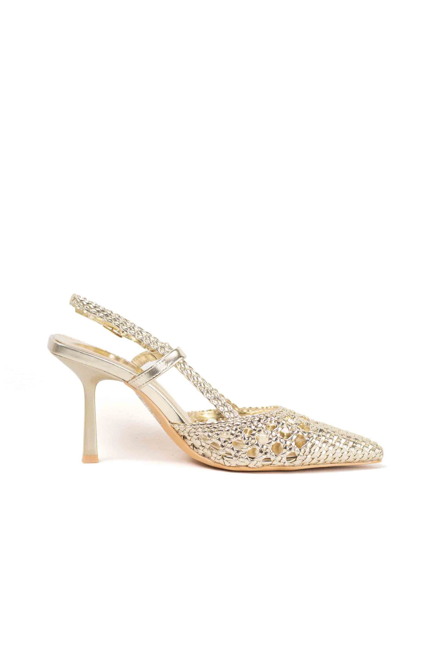 sandalias doradas con tacon alto fino diseno trenzado Dorado 39
