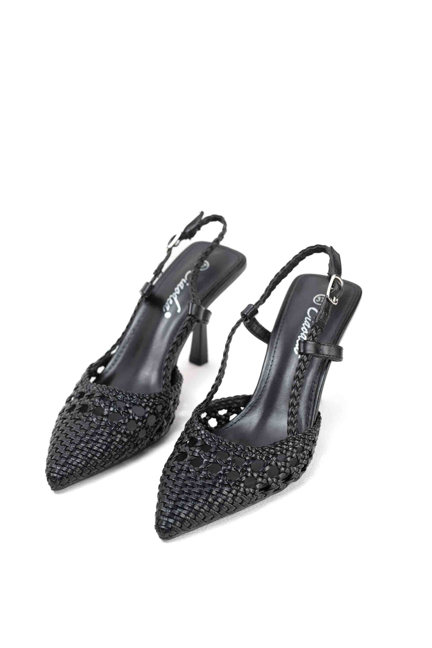 sandalias doradas con tacon alto fino diseno trenzado Negro 36