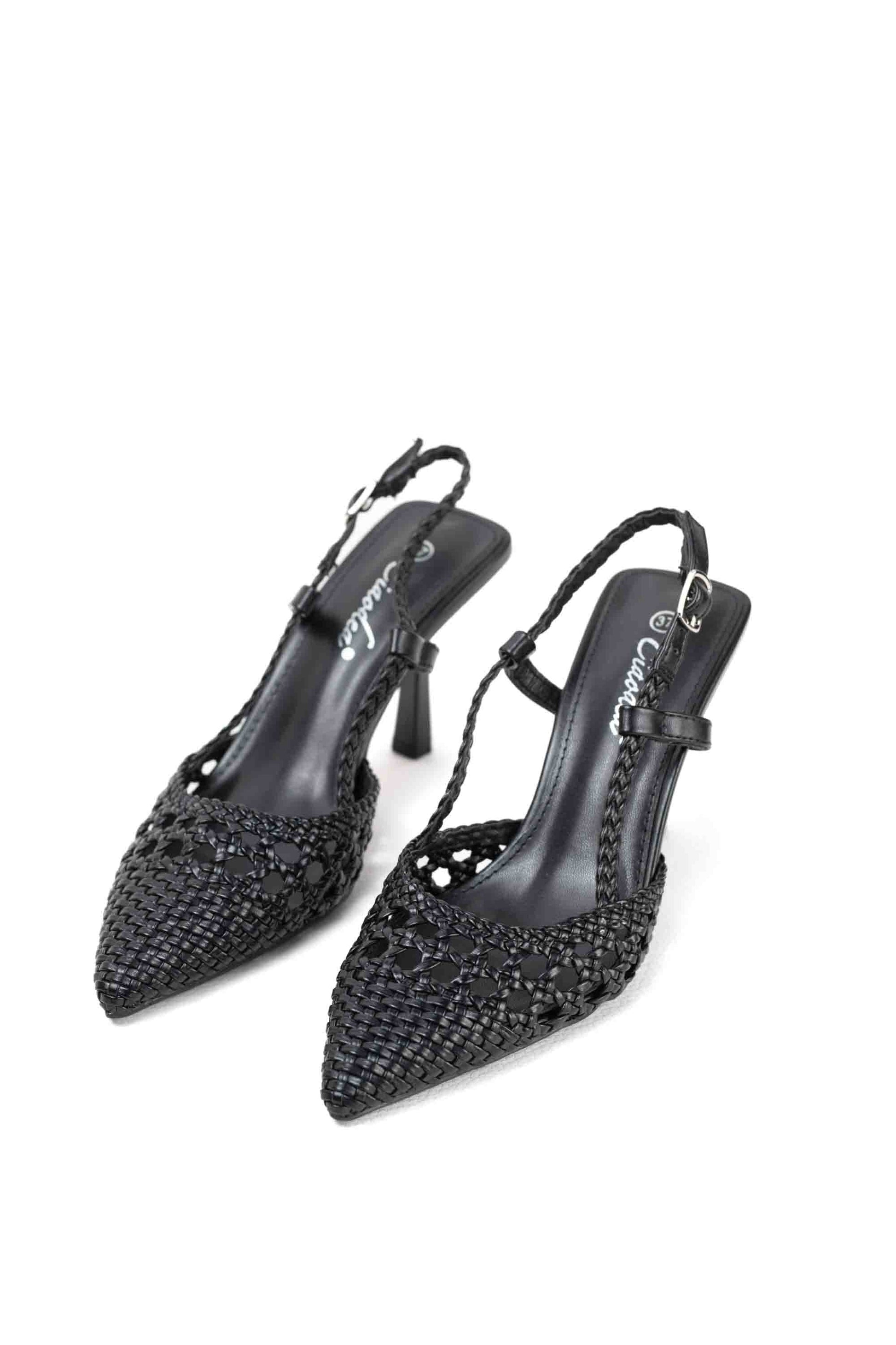 sandalias doradas con tacon alto fino diseno trenzado Negro 36