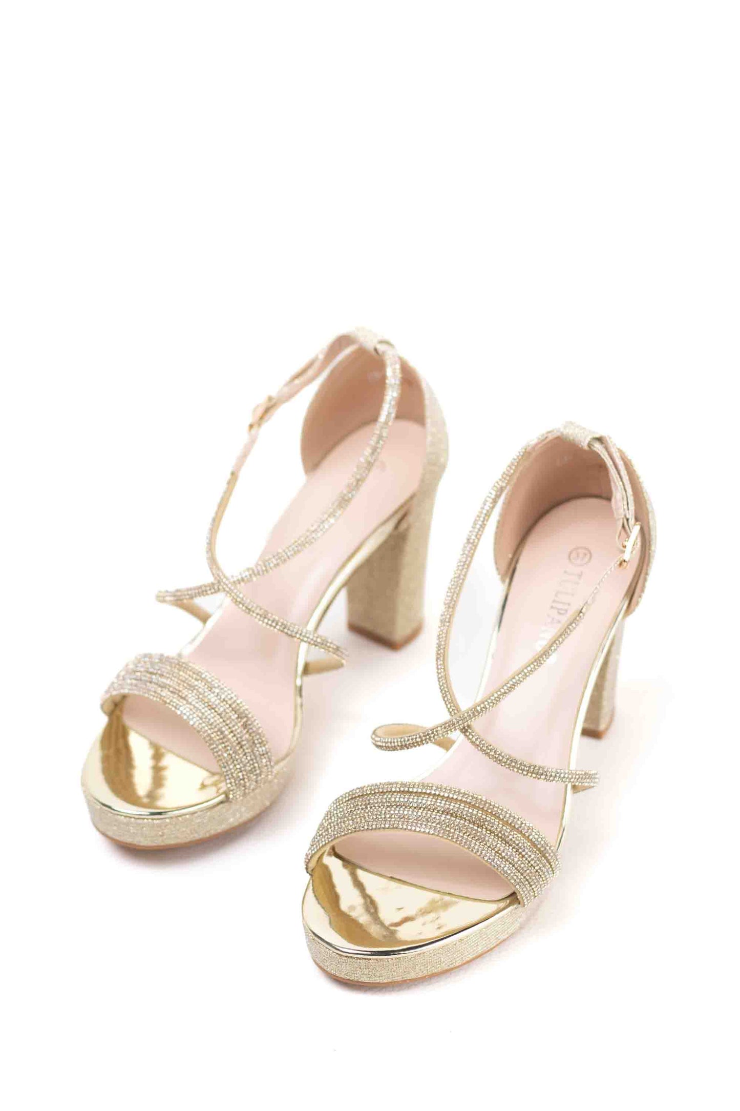 sandalias de brillo dorado con tacon grueso y tiras elegantes Dorado 37