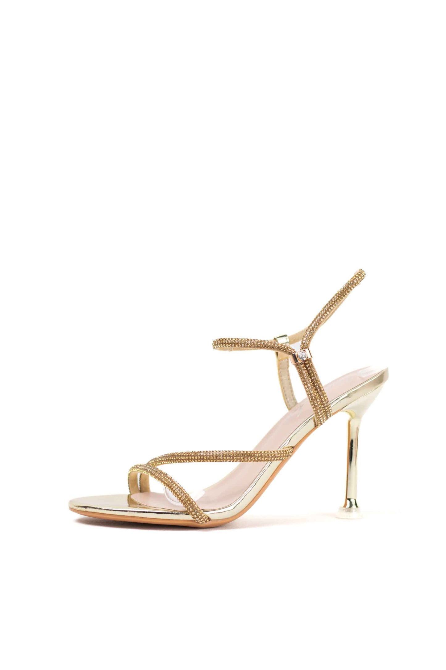 Sandalias doradas tacón alto mujer con adorno strass estilo elegante