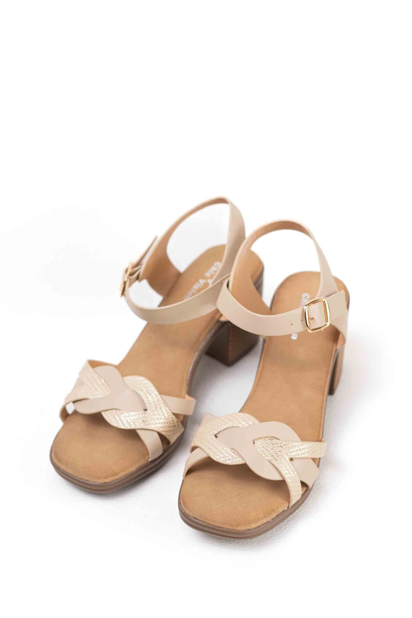 Sandalias doradas mujer tacón mediano con plataforma plantilla acolchada con tiras trenzadas