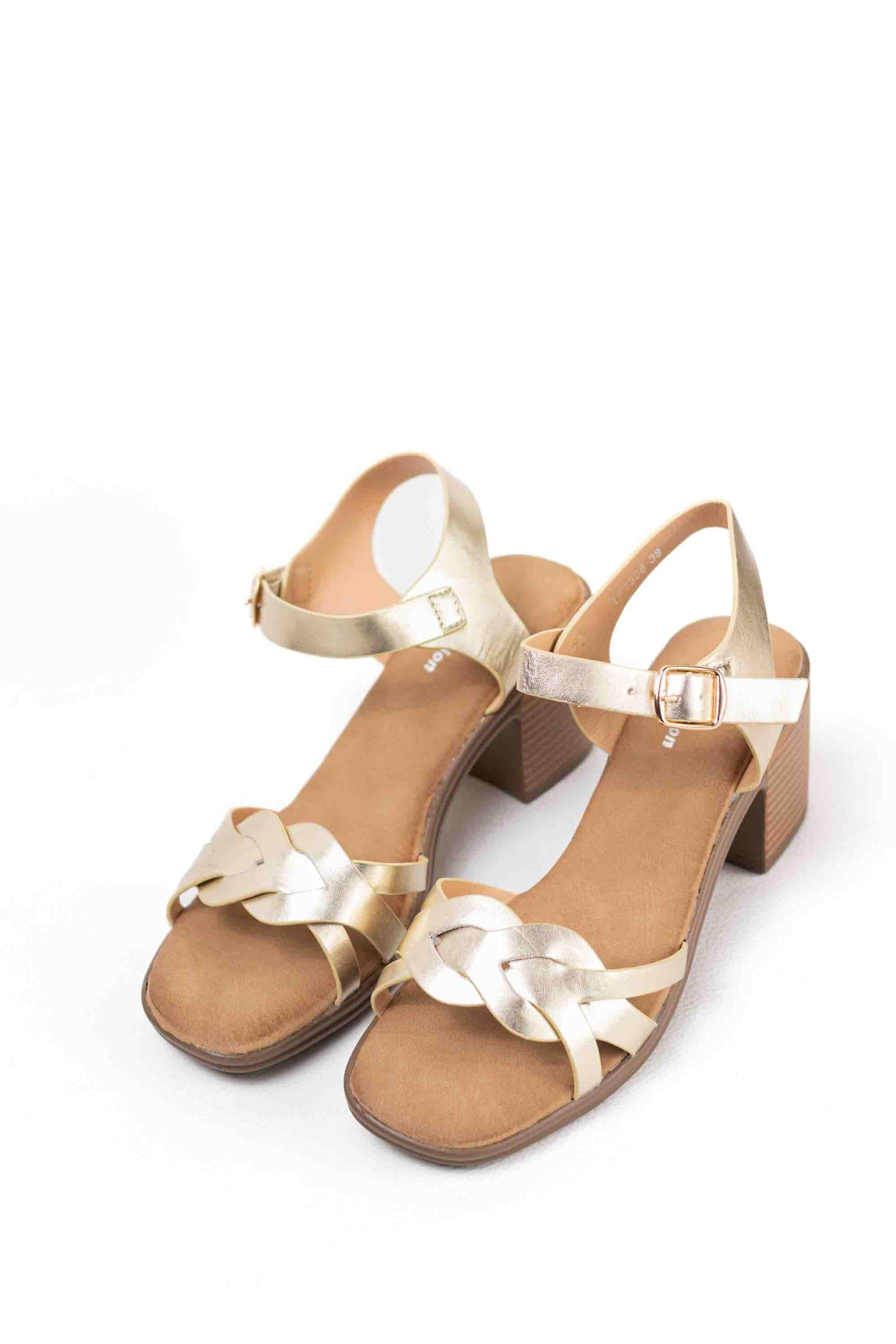 Sandalias doradas mujer tacón mediano con plataforma plantilla acolchada con tiras trenzadas