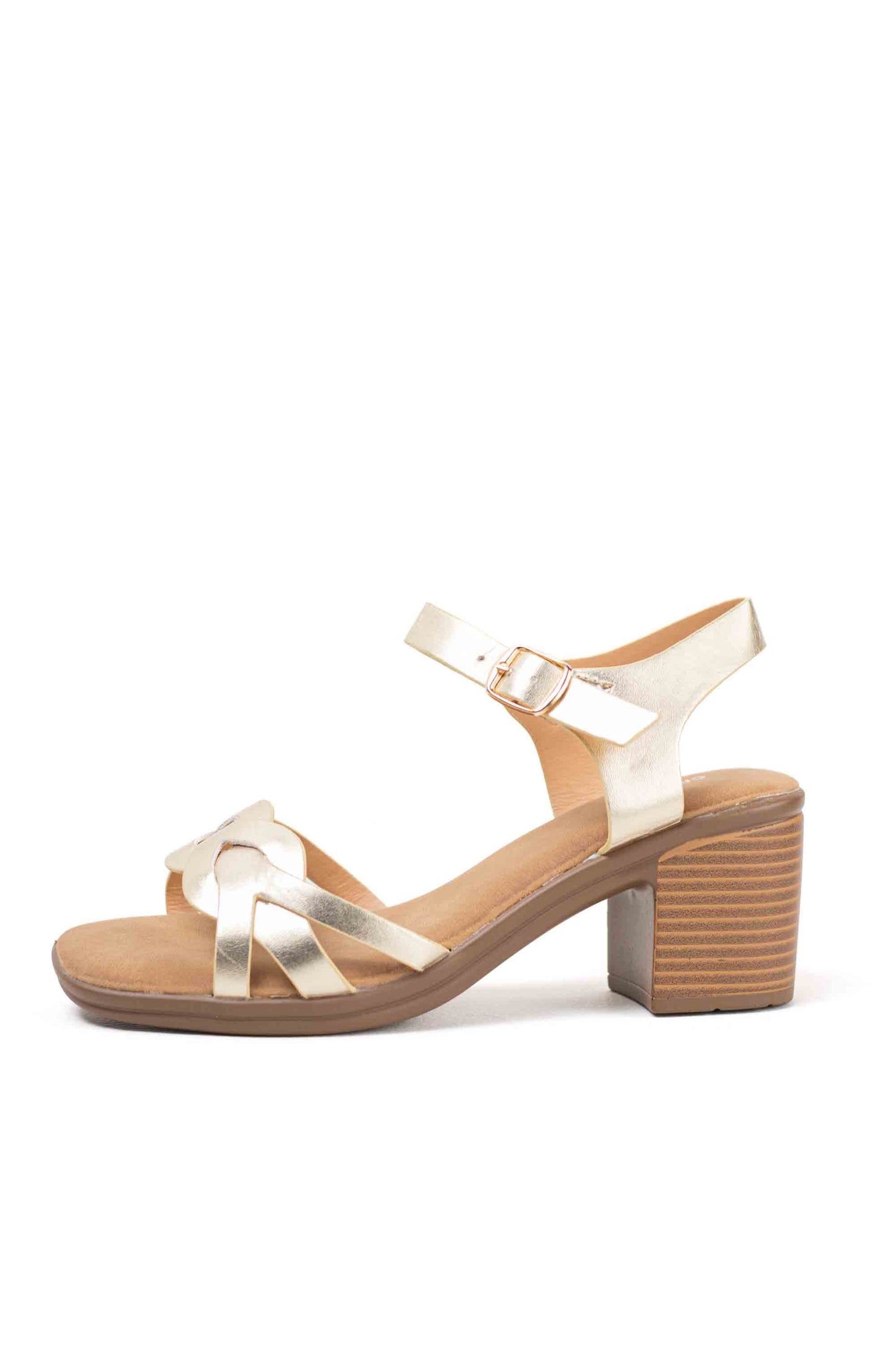 Sandalias doradas mujer tacón mediano con plataforma plantilla acolchada con tiras trenzadas